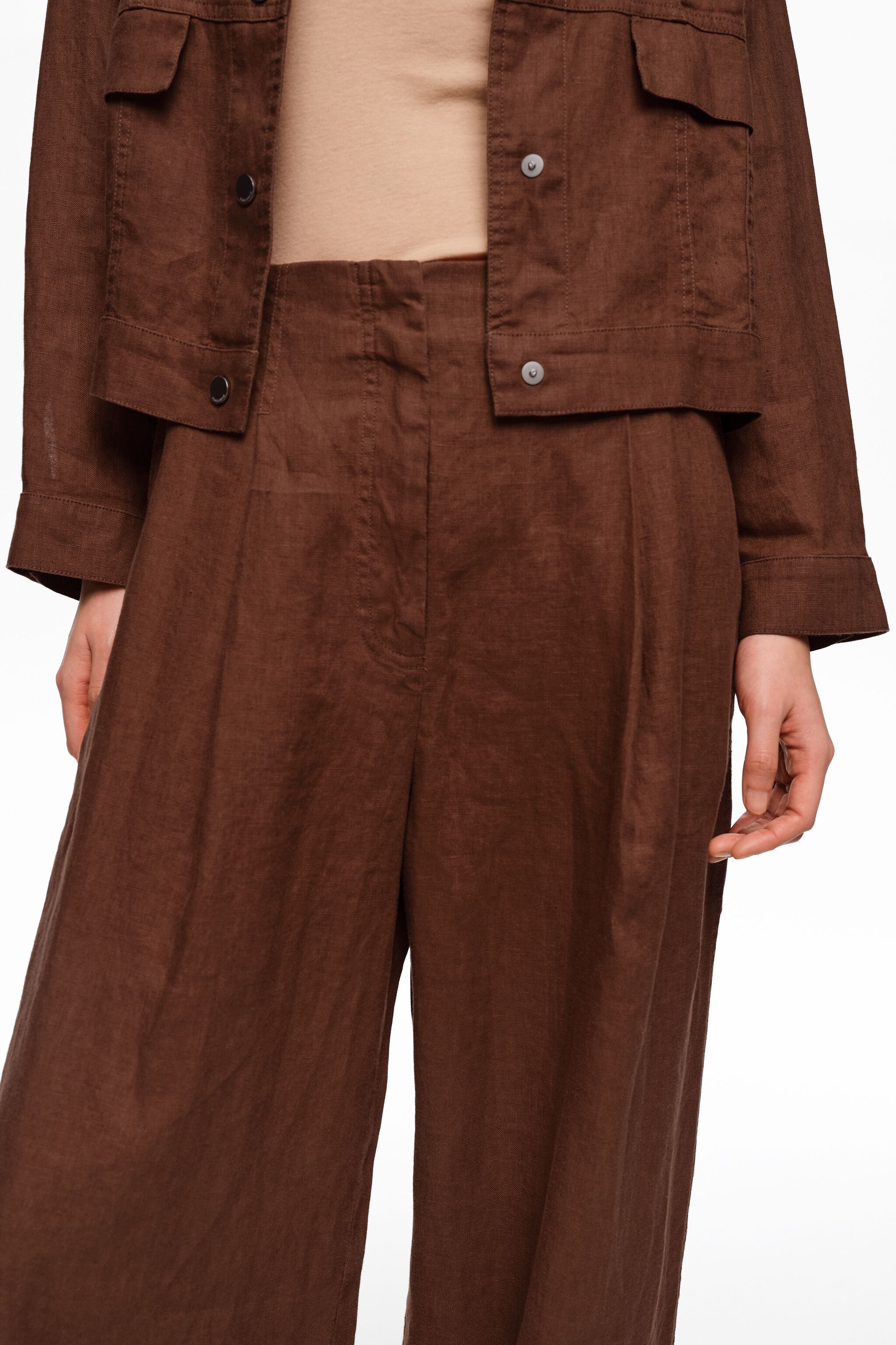 Washed brown linen straight-leg trousers with darts