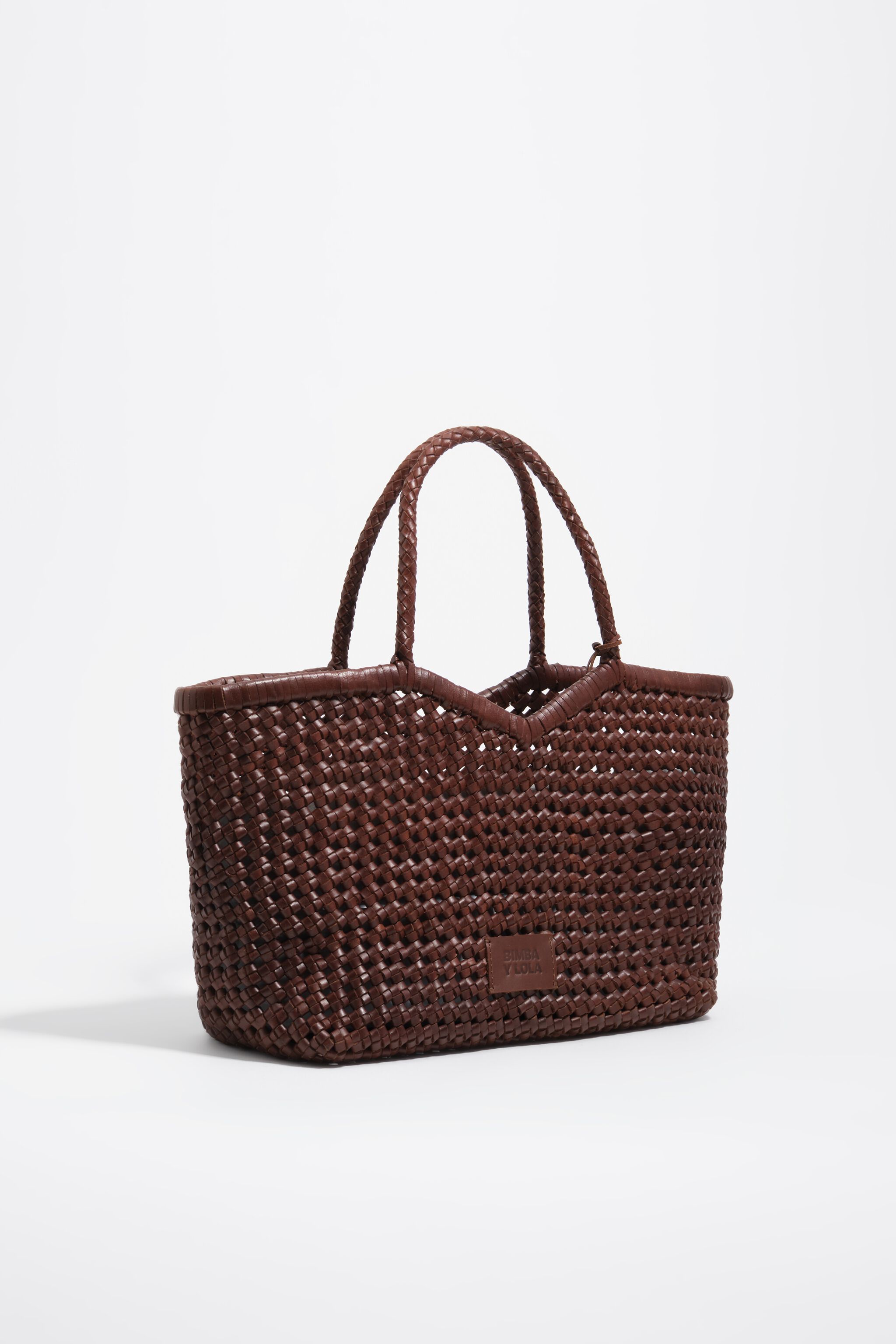Large plaited walnut leather shopper bag