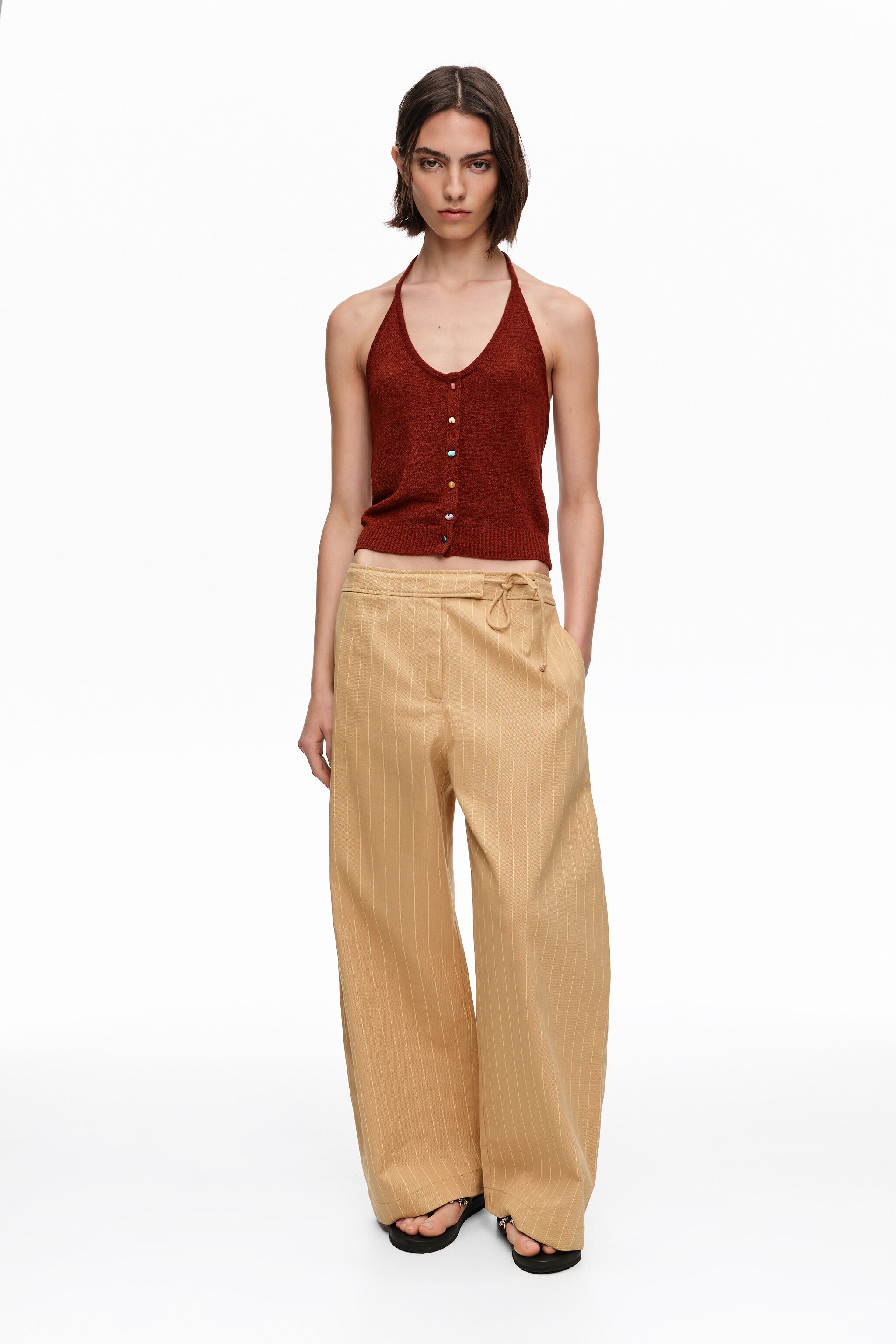Ochre striped ankle-length barrel trousers
