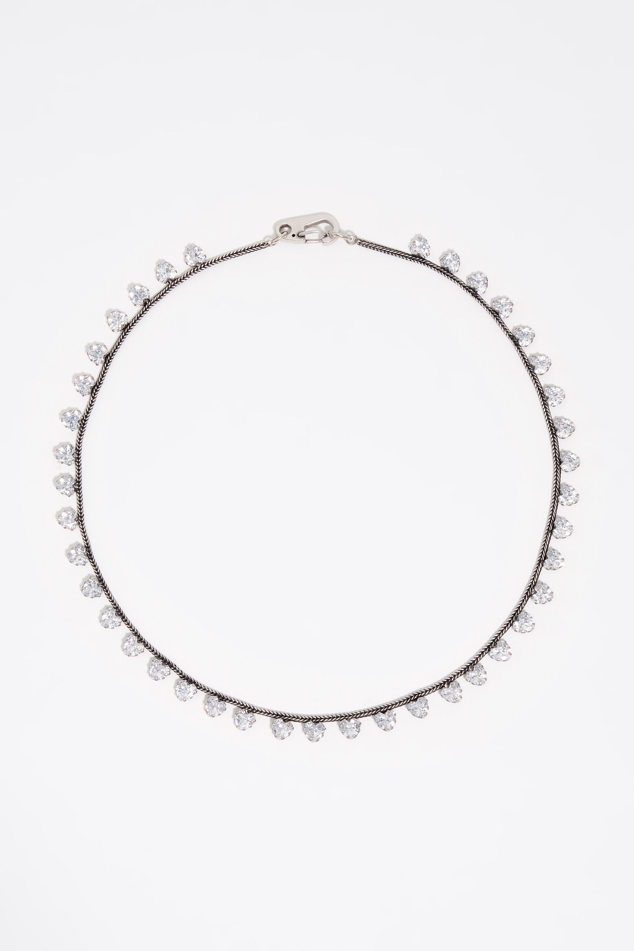 Aged silver crystal hearts necklace