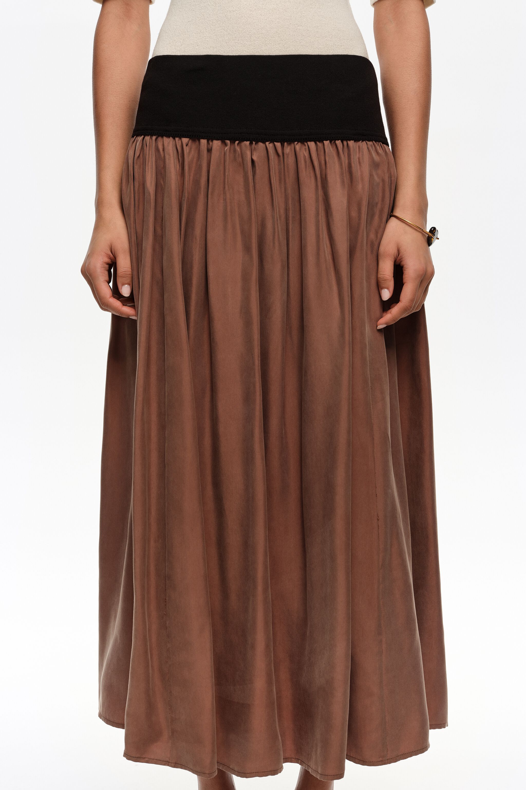 Washed brown cupro flared skirt