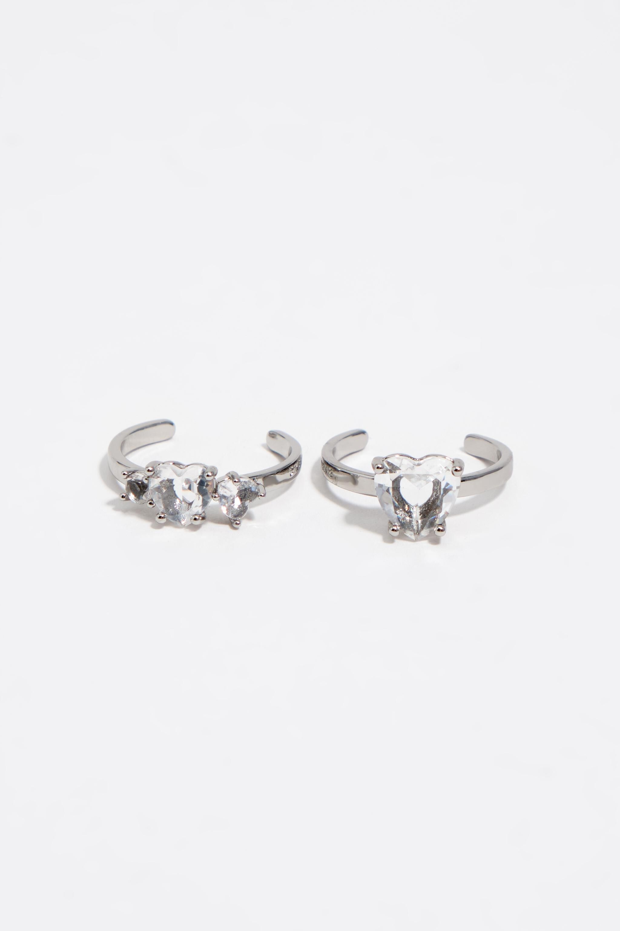 Set of 2 dark silver mini crystal heart rings