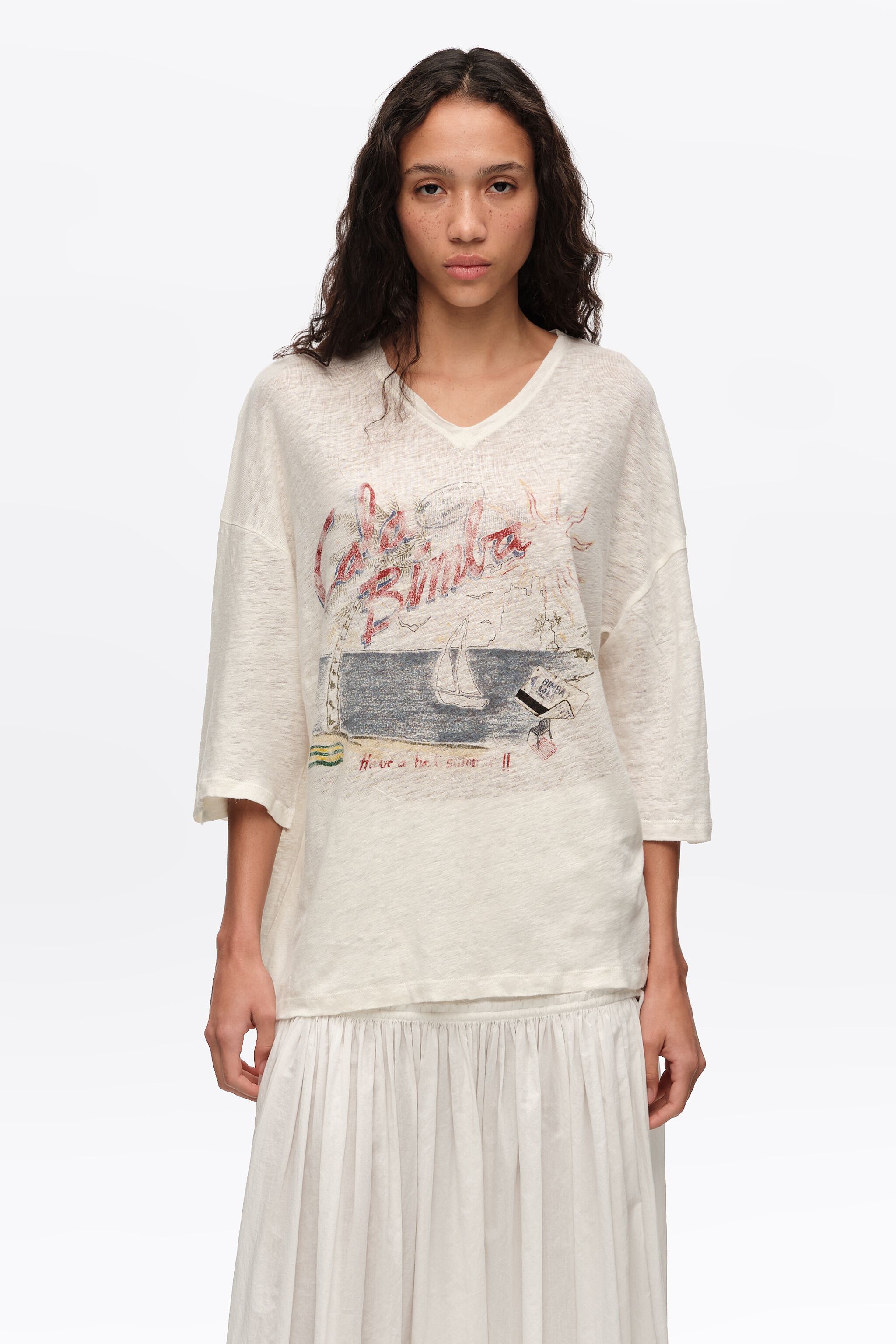 Faded ivory linen Bimba Cala logo T-shirt