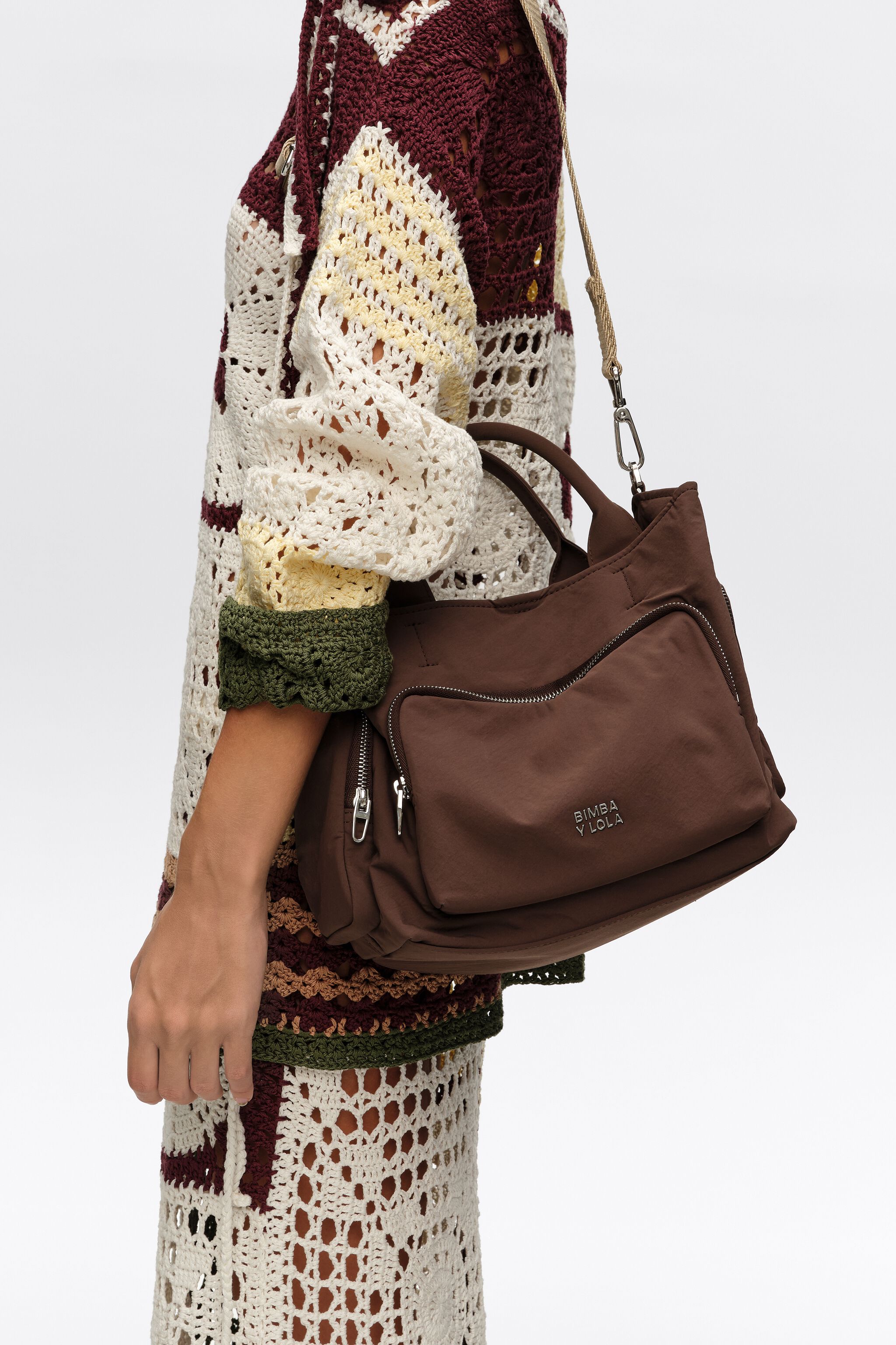 Large dark brown nylon Pocket crossbody bag