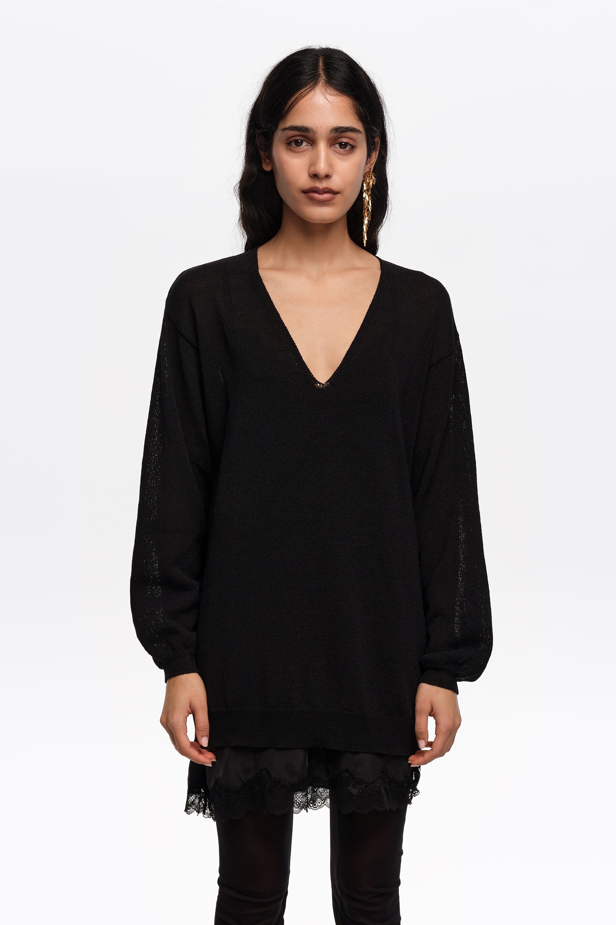 Black cotton V-neck sweater