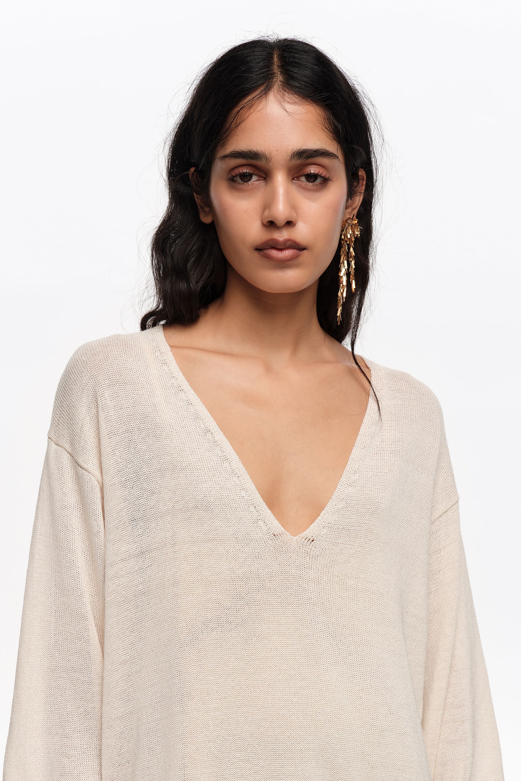 Ivory cotton V-neck sweater