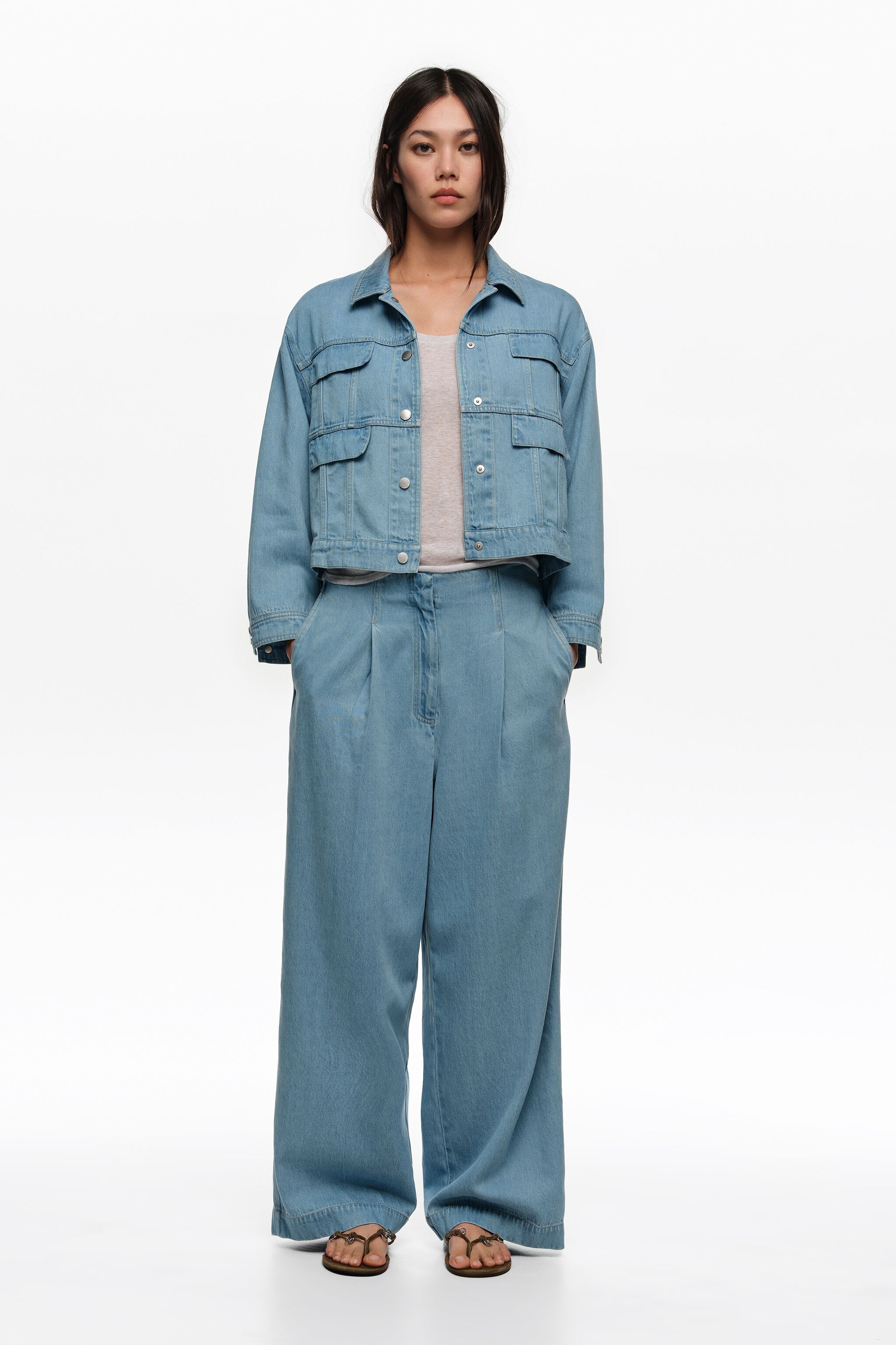 Light blue fluid denim straight-leg trousers with pleats