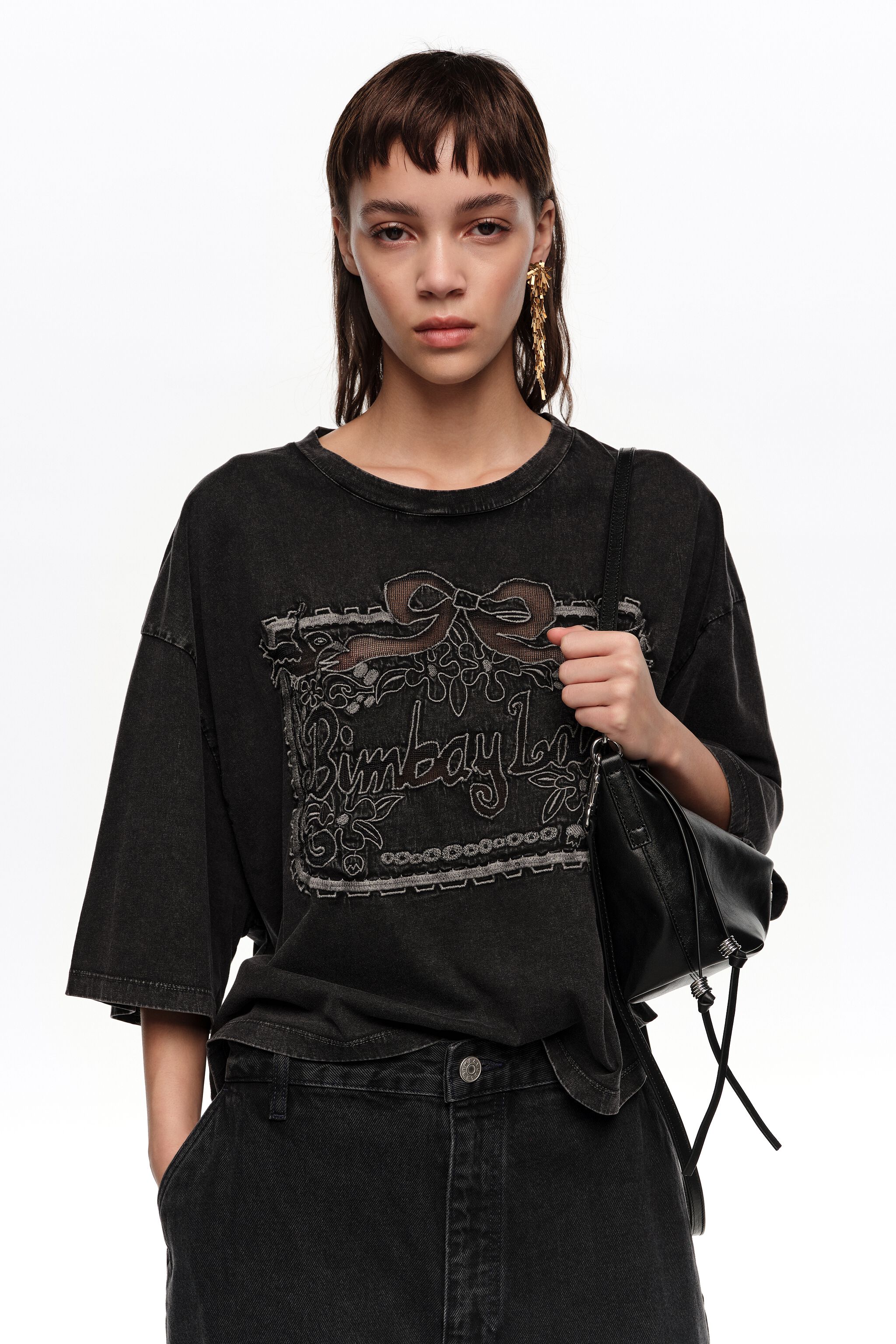 Faded black maxi broderie anglaise logo T-shirt