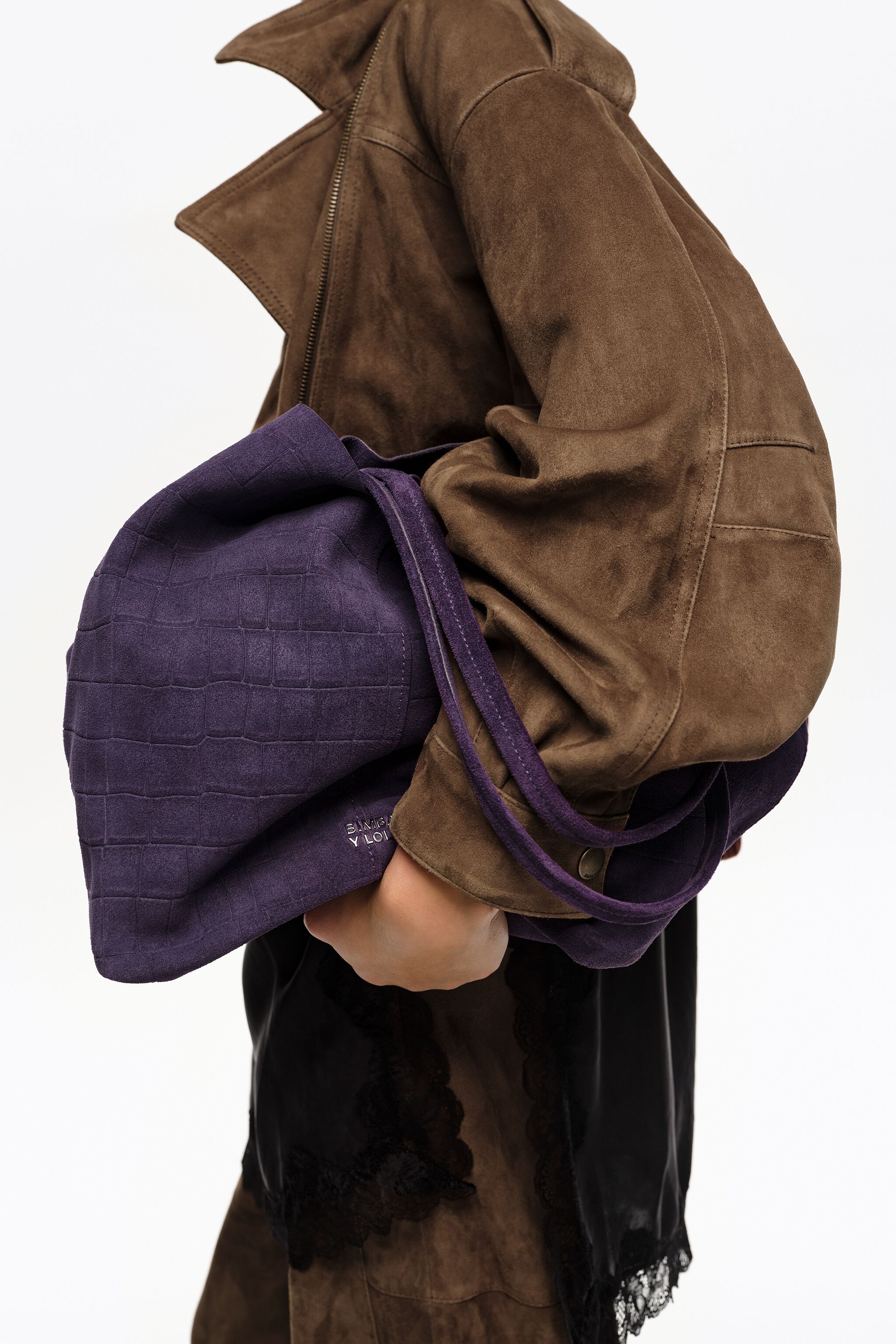 Large suede shopper bag in purple embossed crocodile
