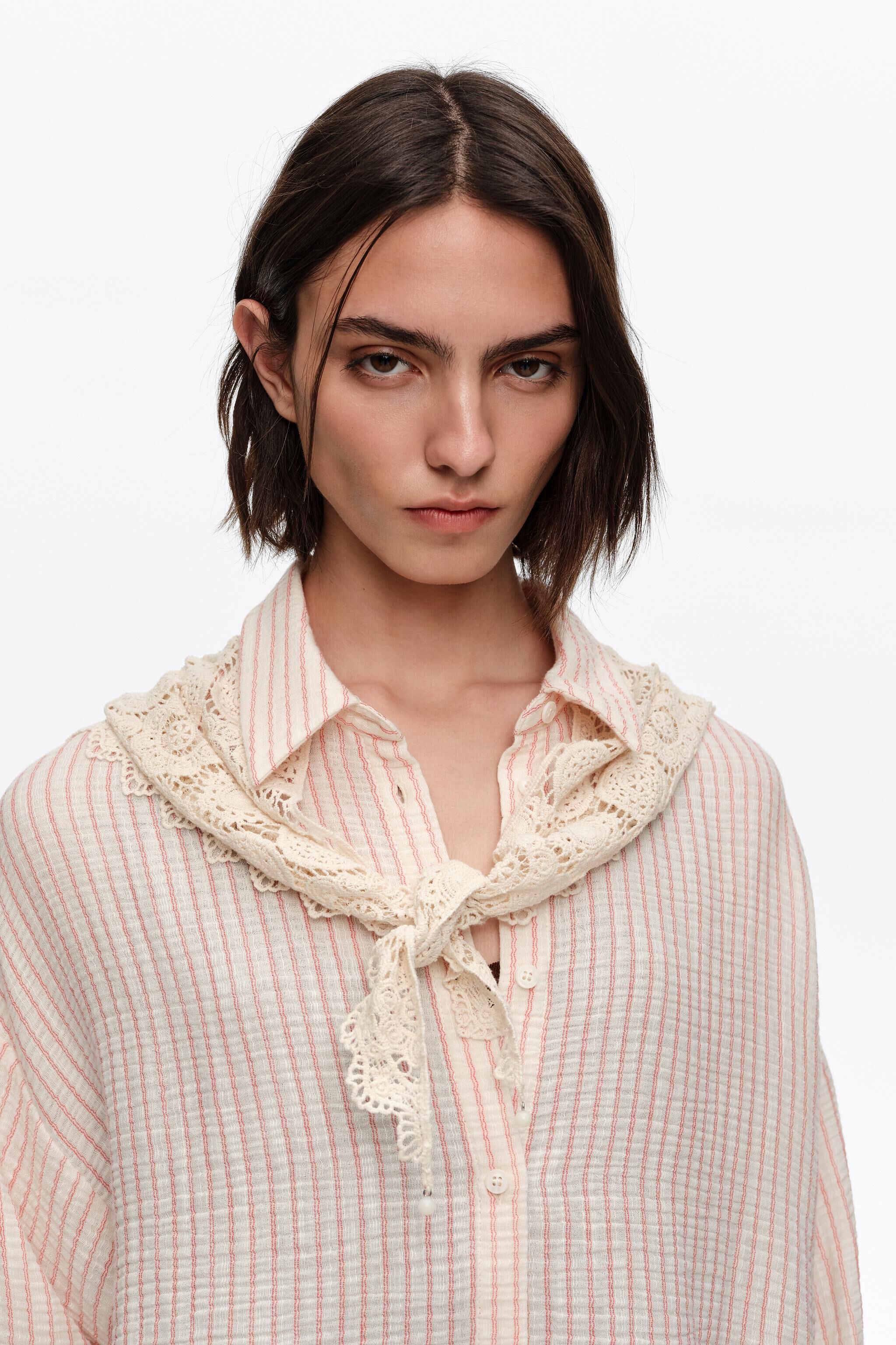 Red striped crochet shirt with scarf