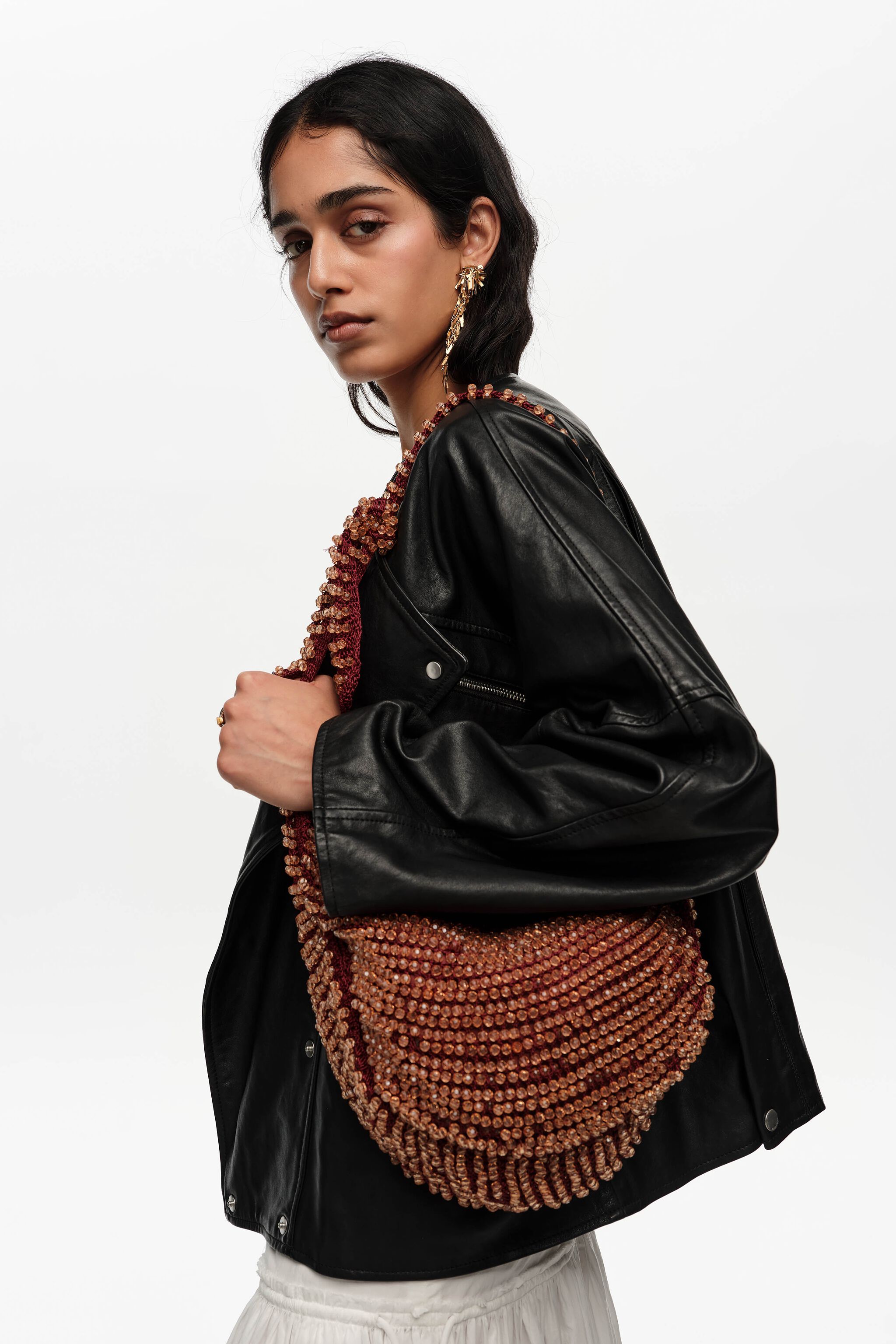 Small burgundy beaded crochet bag