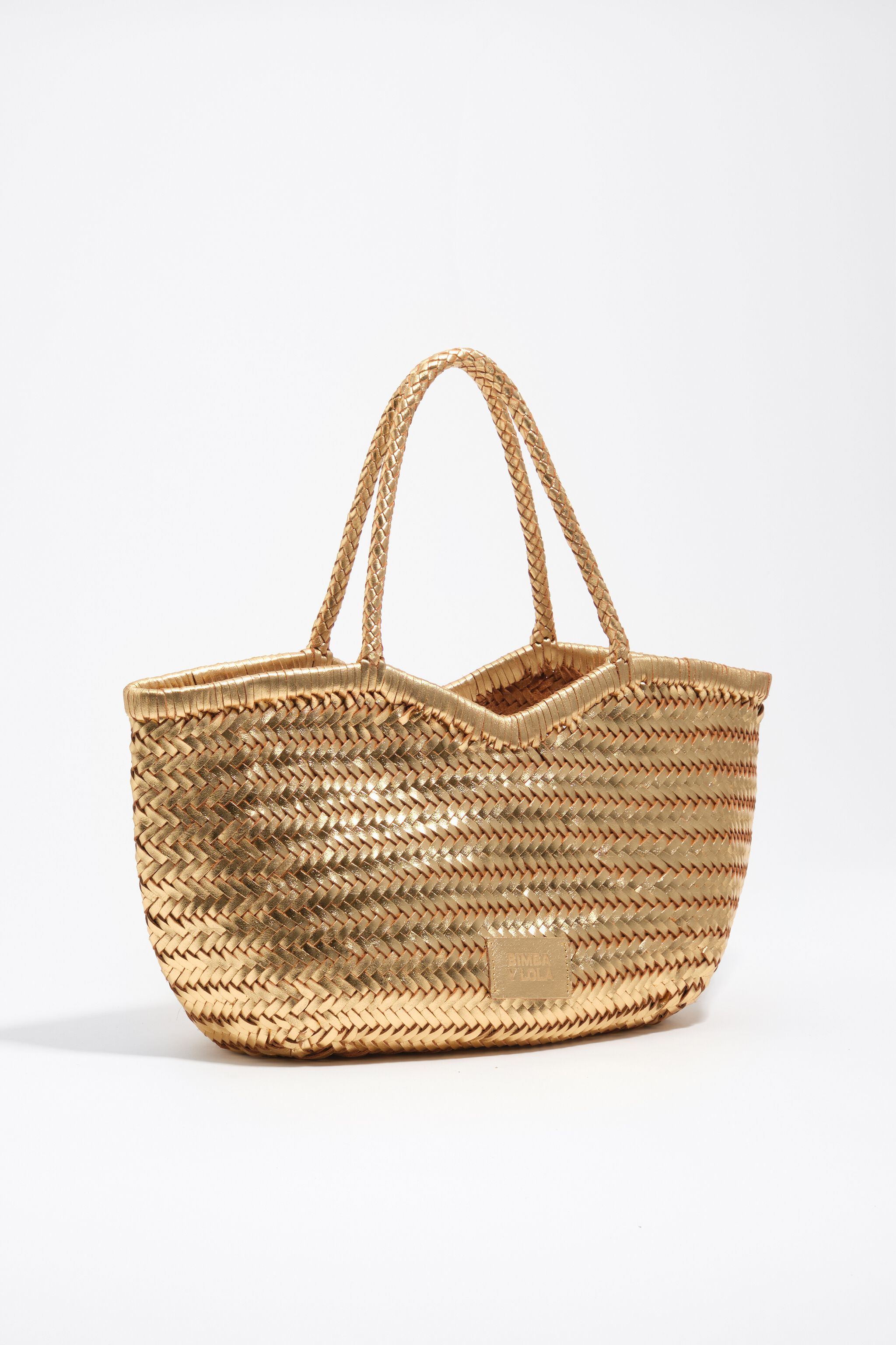 Large plaited gold leather shopper bag