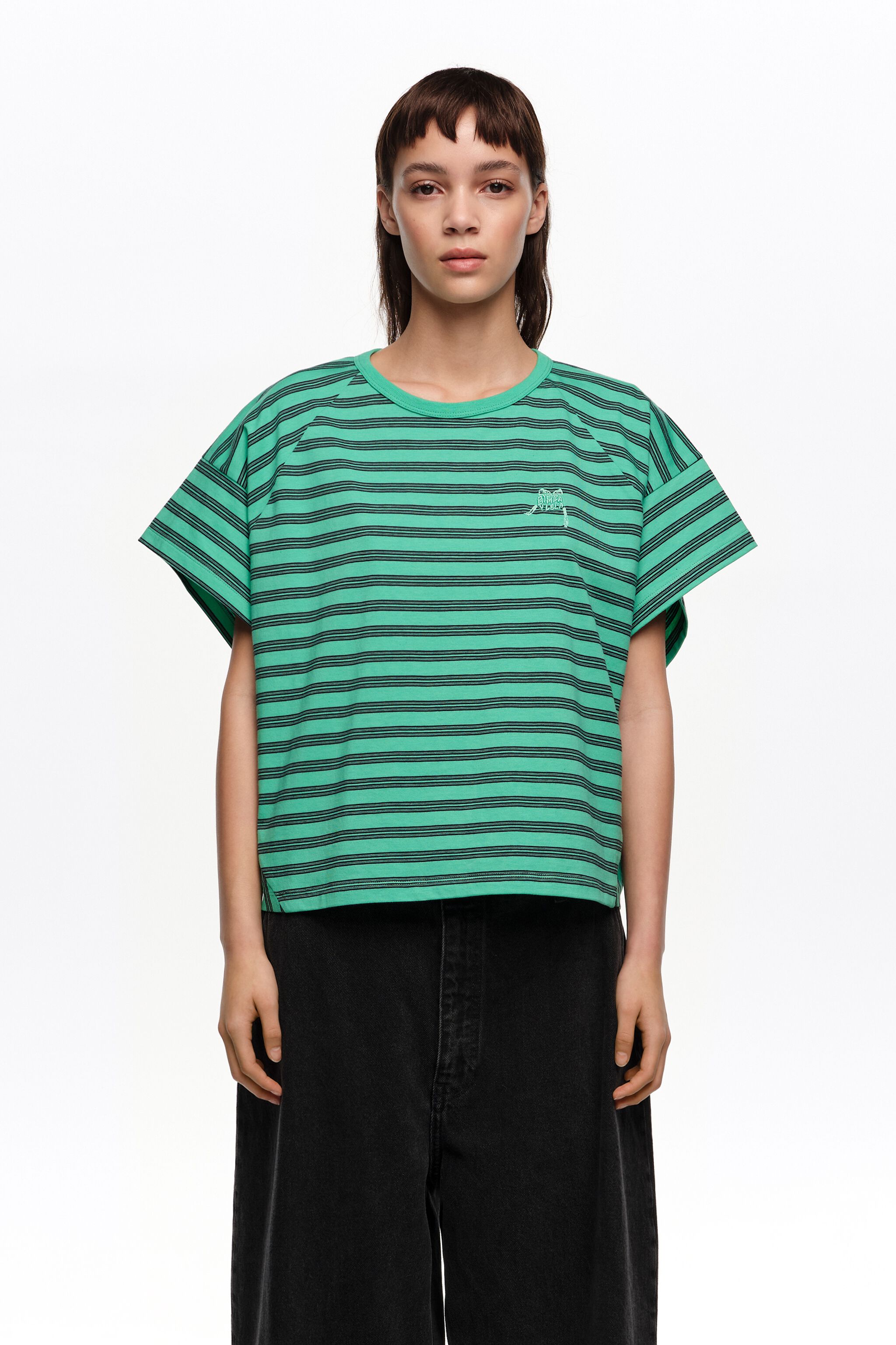 Green striped cropped T-shirt with embroidered logo