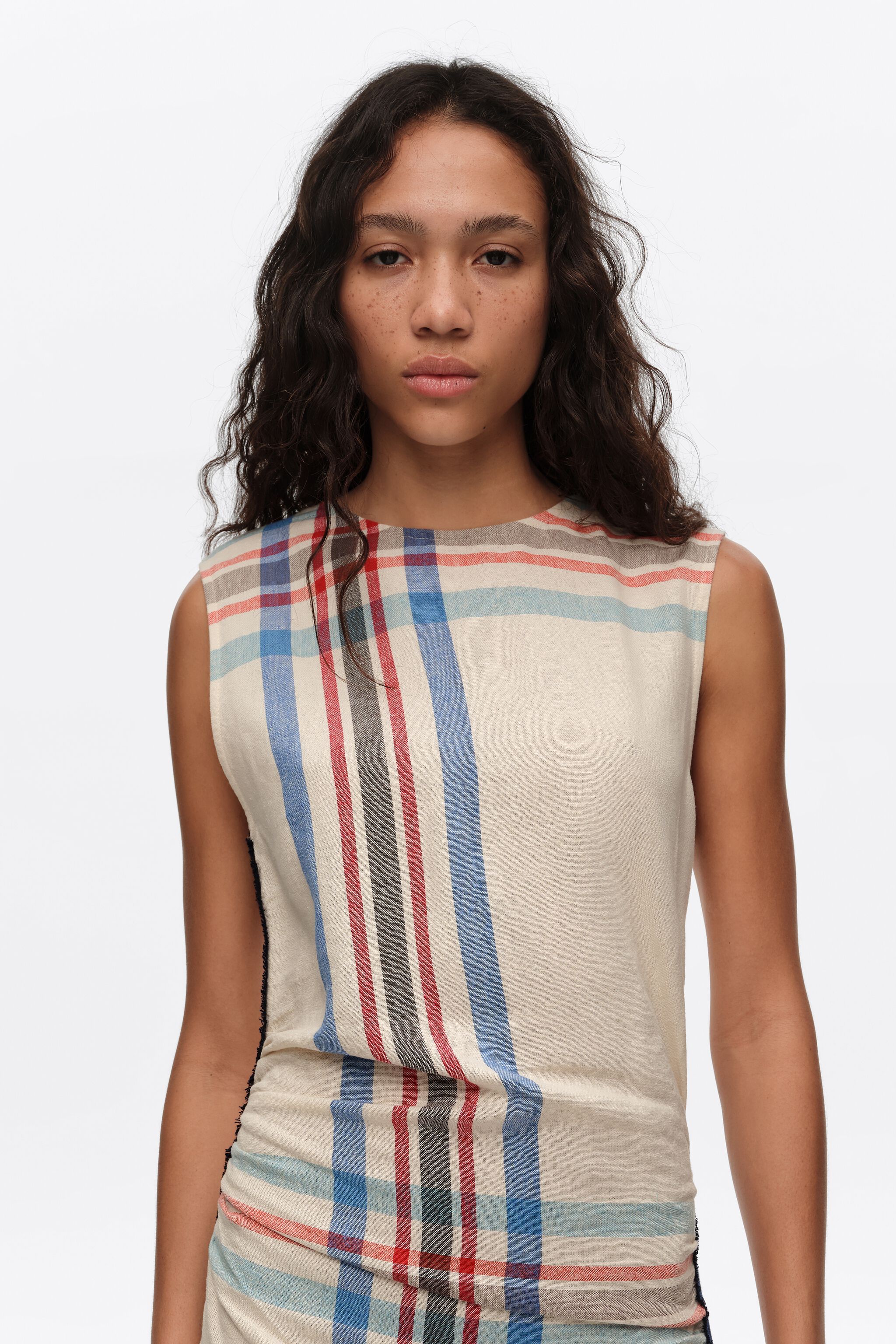 Ivory linen striped sleeveless dress with overlay strap