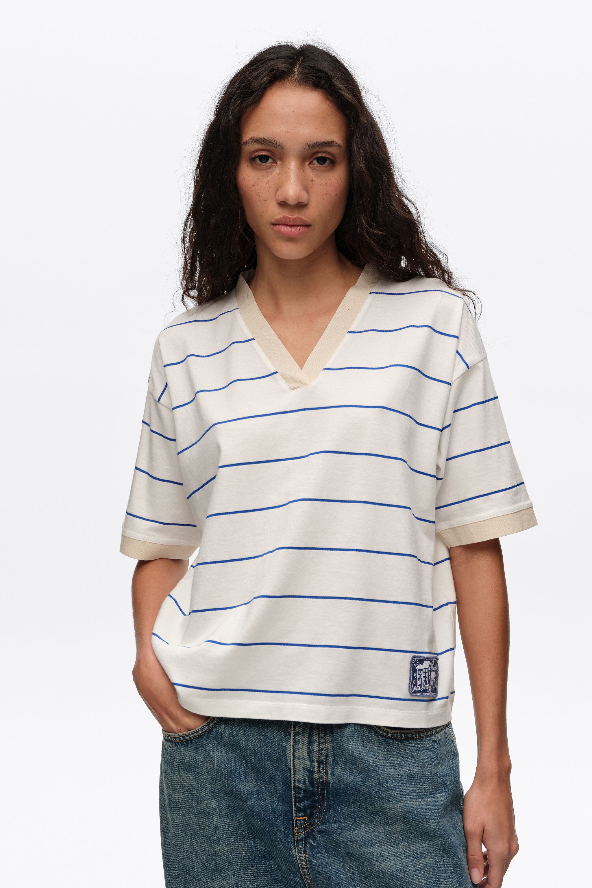 White striped cotton strap T-shirt
