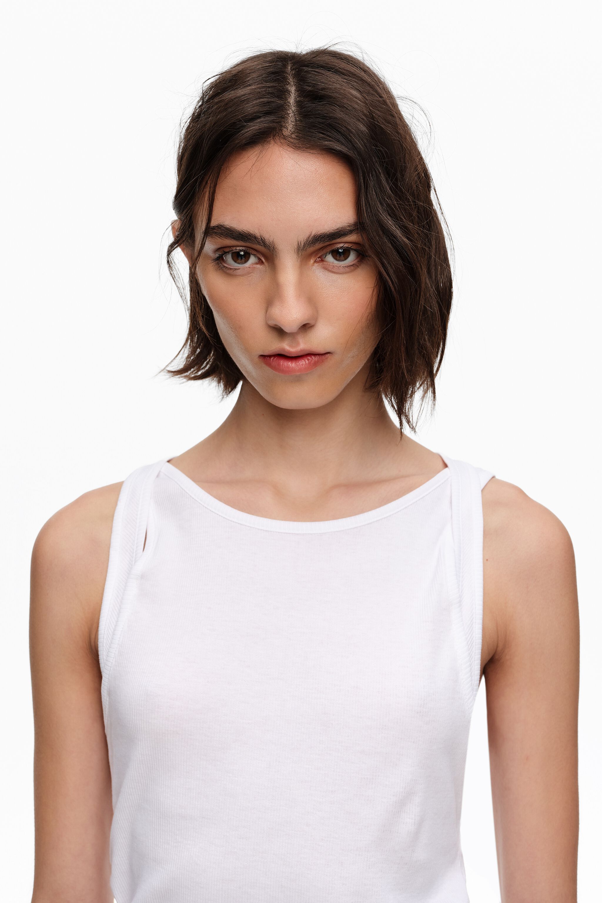 White ribbed top with overlapping cross back
