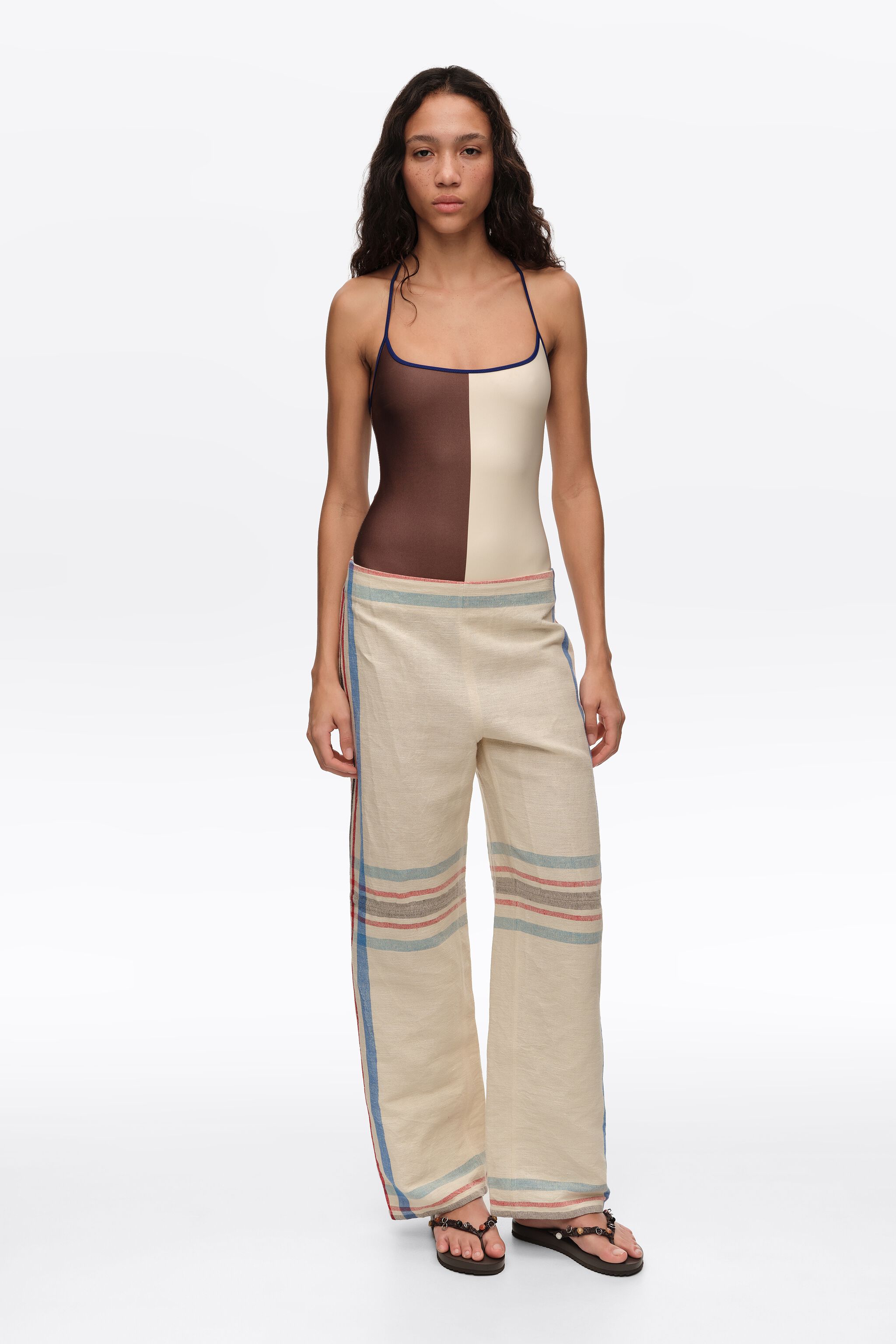 Ecru linen straight ankle length striped trousers