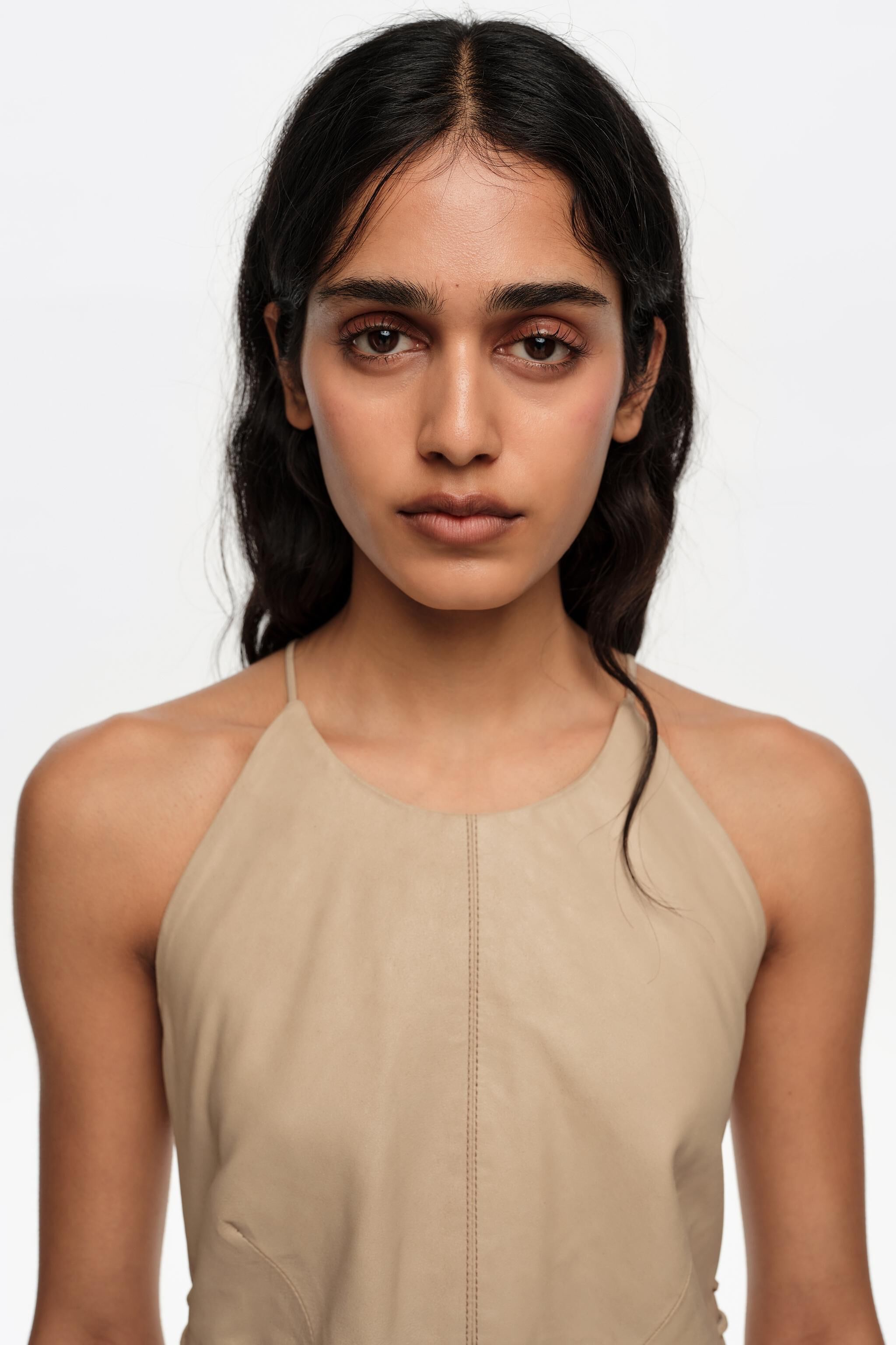 Light stone leather mini dress