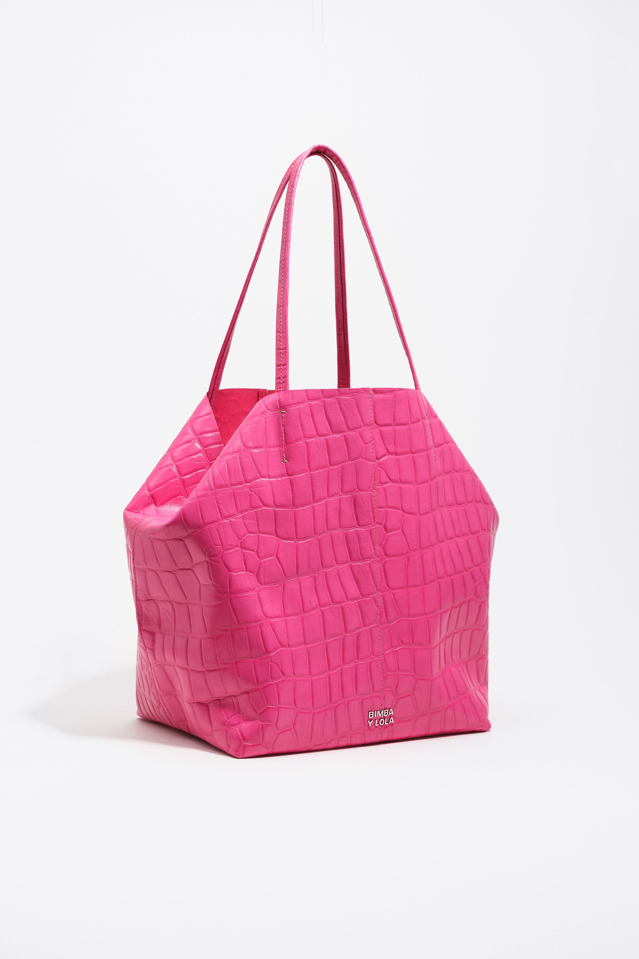 Large leather shopper bag in fuchsia crocodile embossed