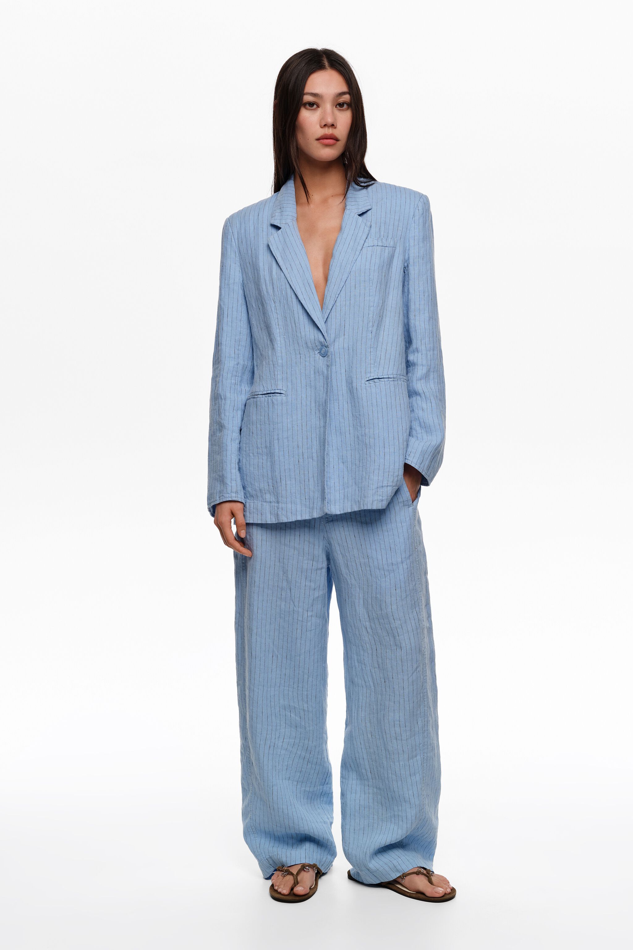 Light blue striped washed tailored linen jacket