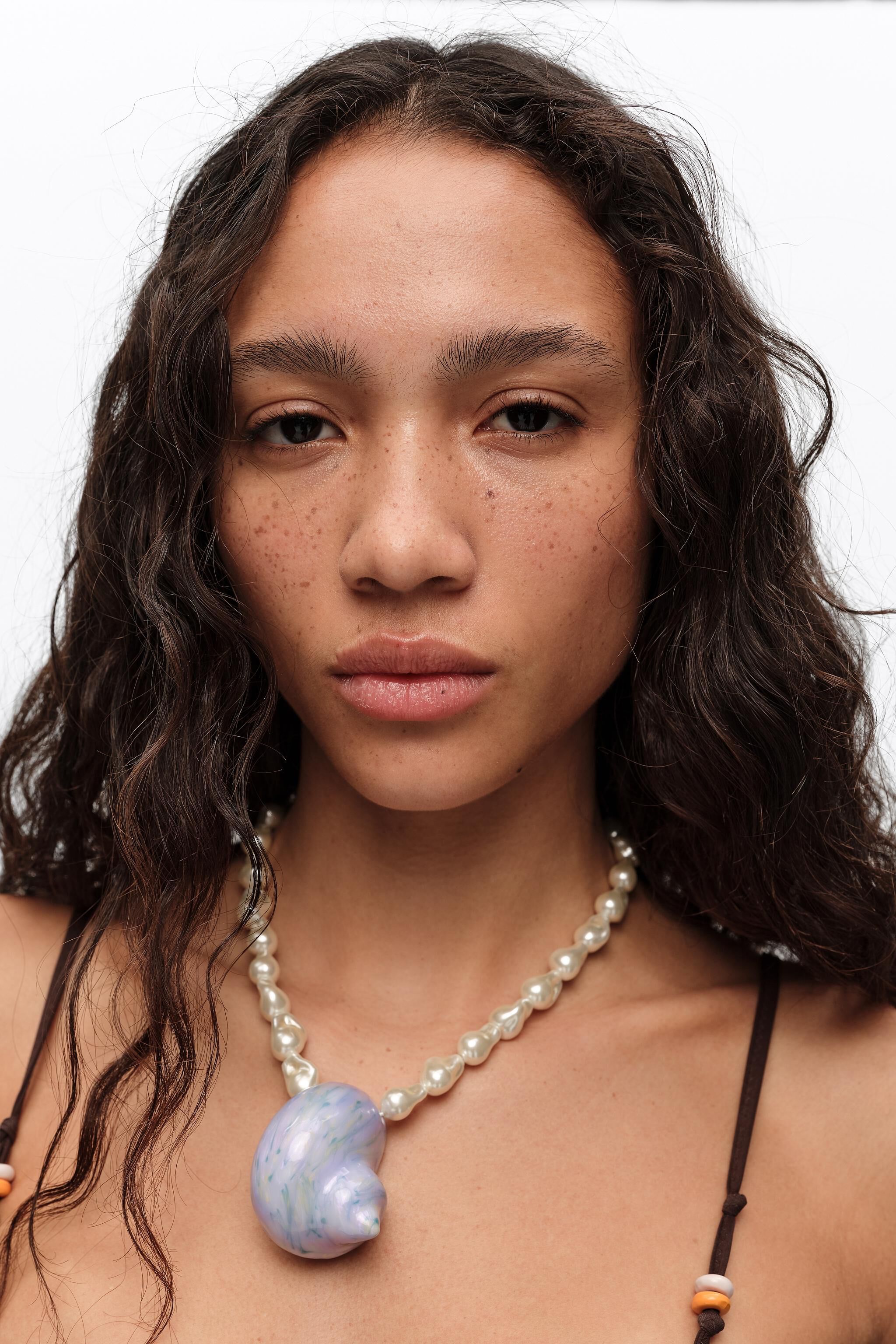 Pearl and enameled seashell necklace