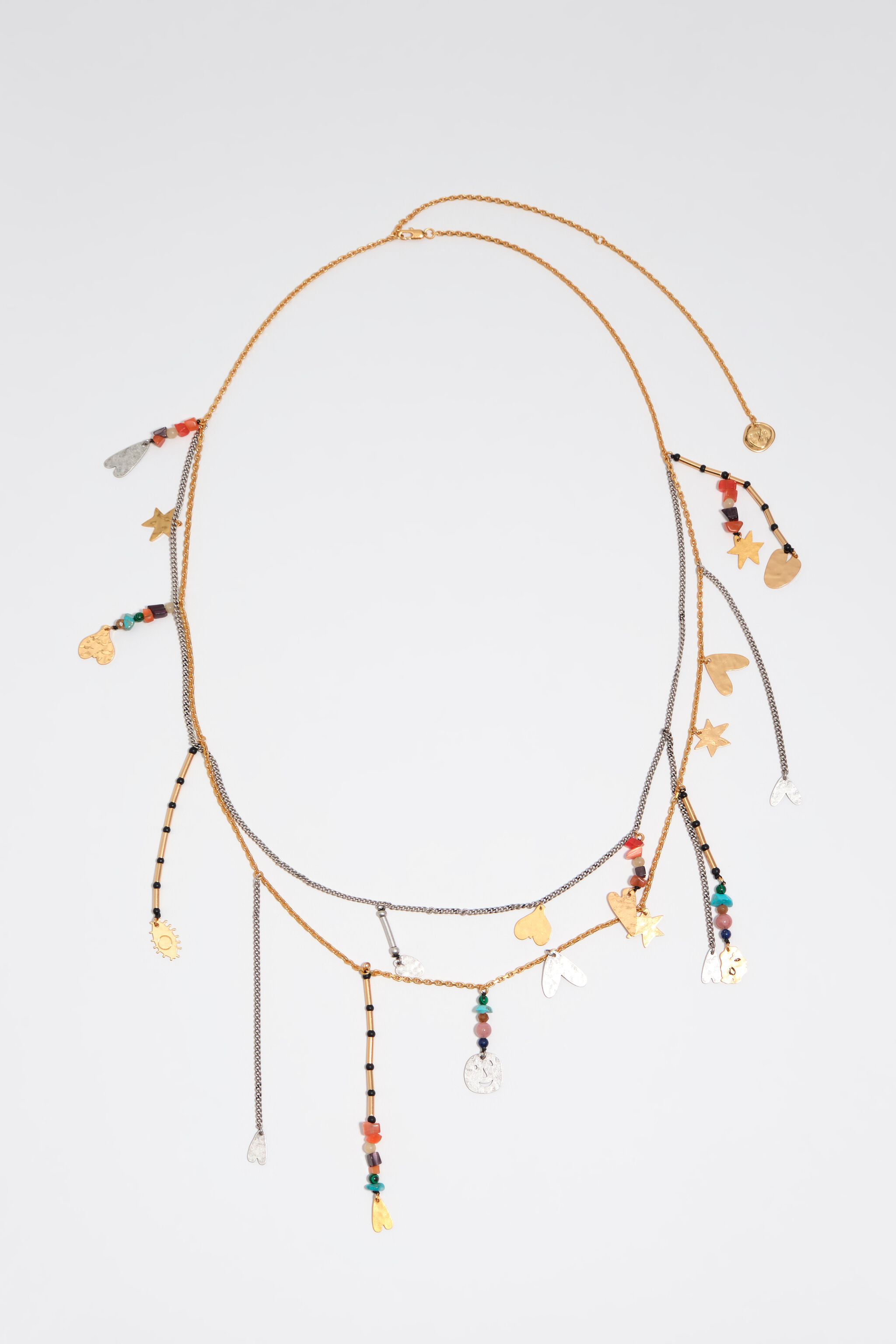 Belt necklace with metal silhouettes and multicolor stones