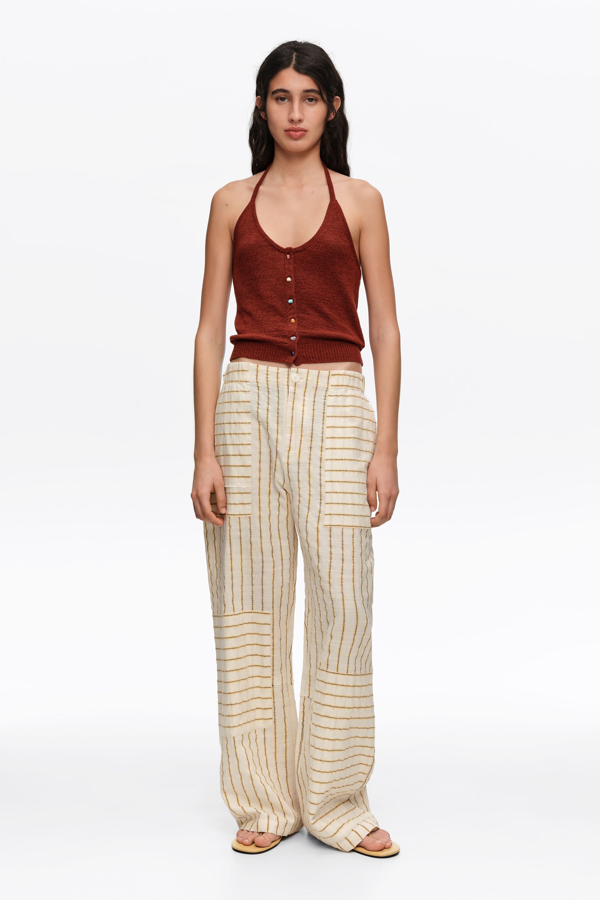 Ocher cotton patchwork jogger trousers with stripes