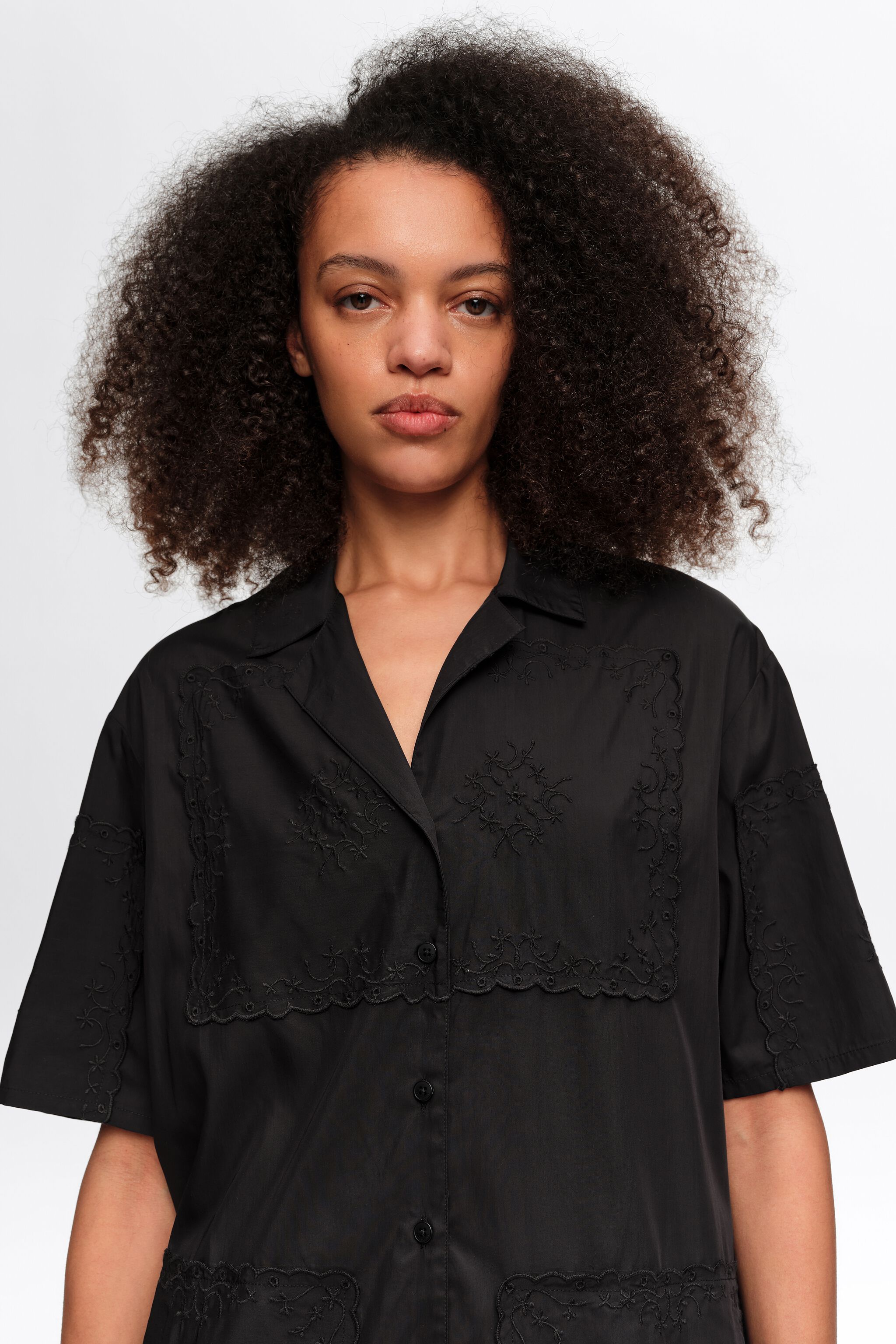 Black embroidered scarf patchwork shirt