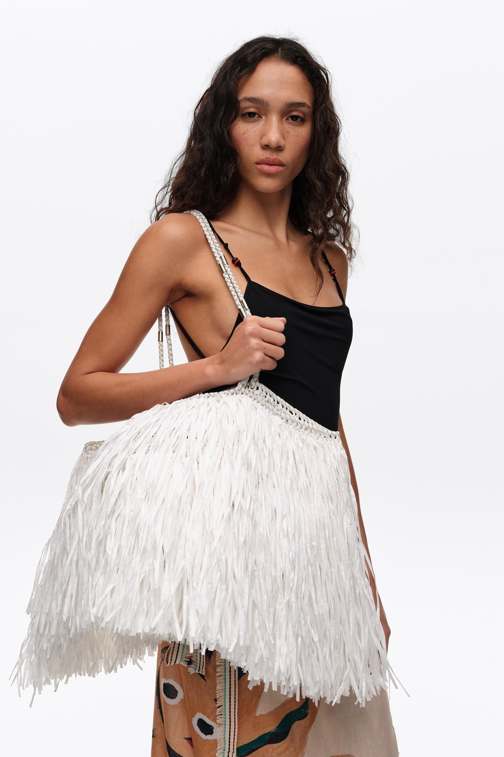 Large white raffia-effect shopper bag