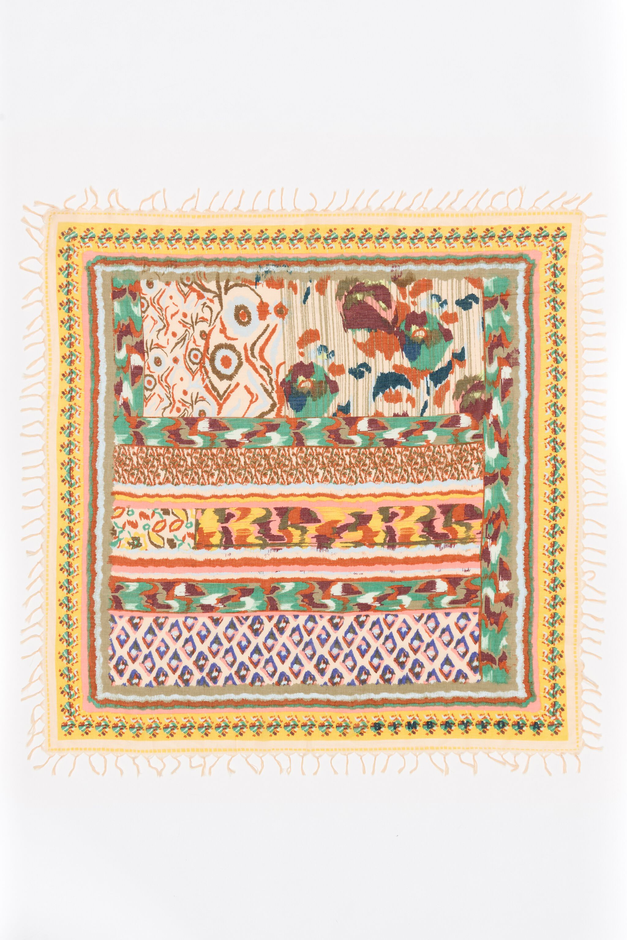 Yellow ikat flower patchwork shawl