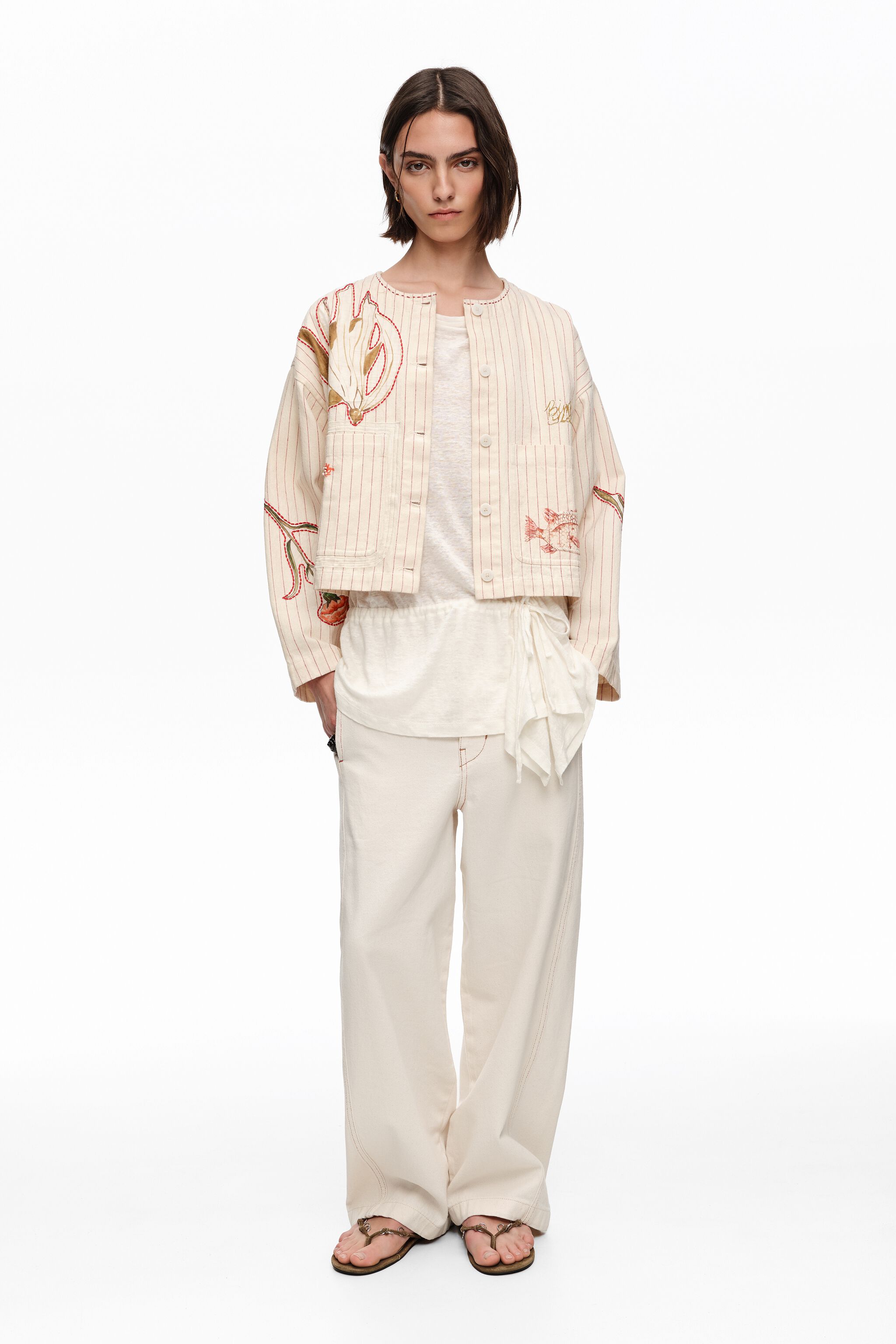 Ivory jacket with stitching and striped prints