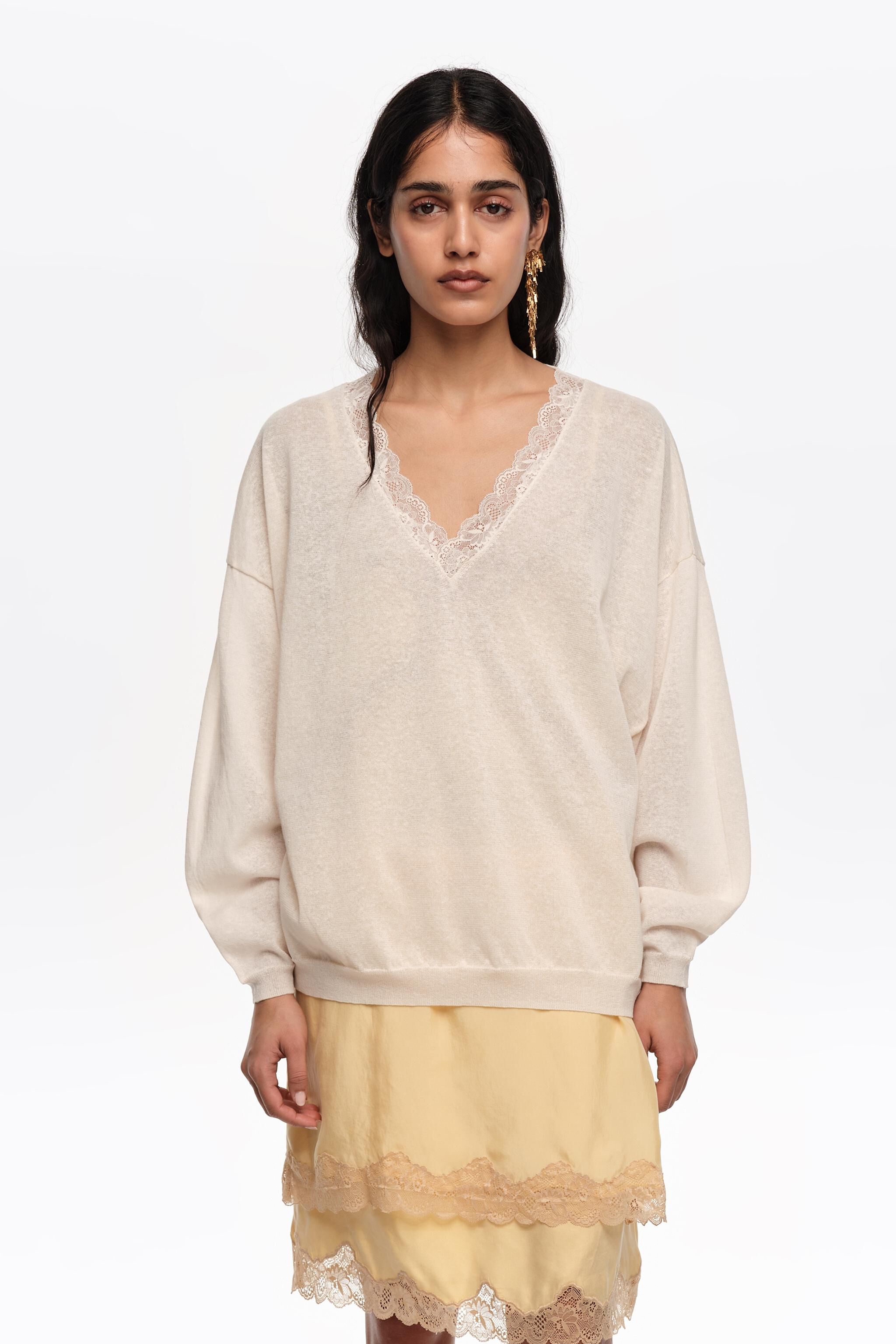 Long ivory linen cotton lace sweater