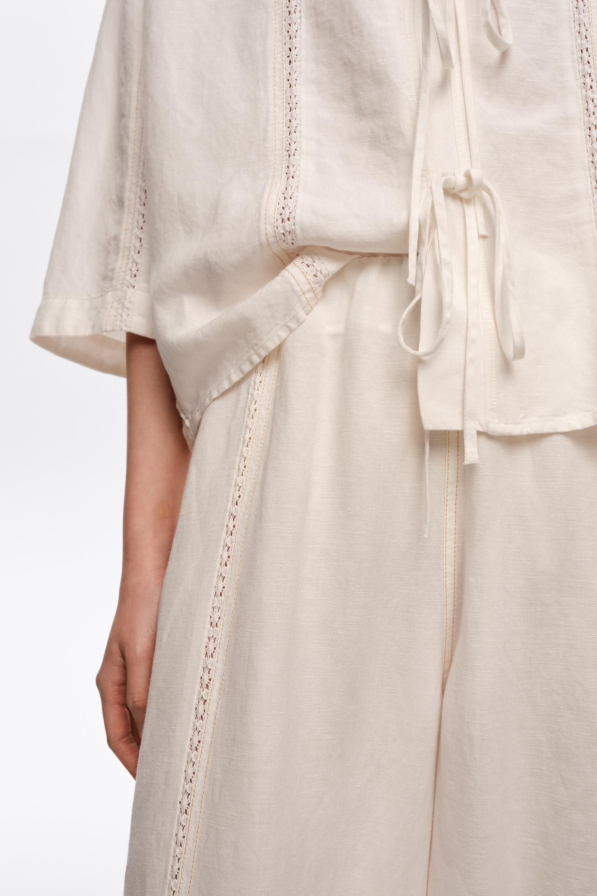 Wide white linen lace trousers