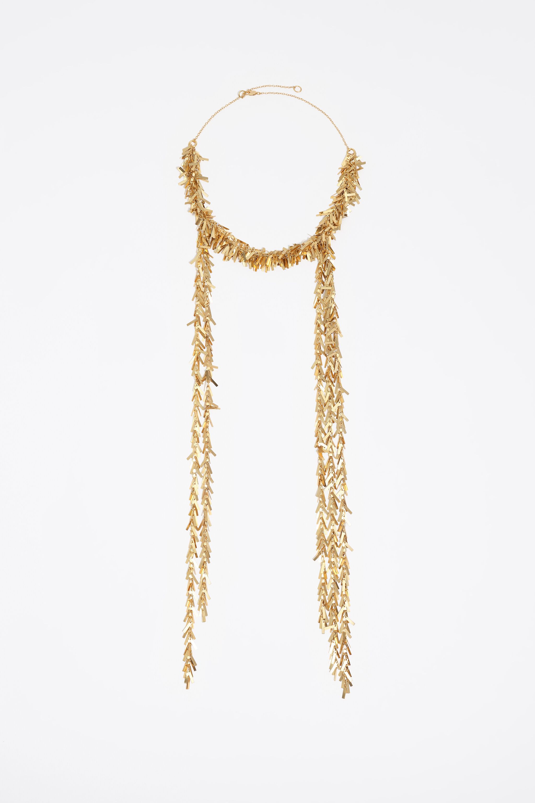 Aged gold metal chain necklace with fringe