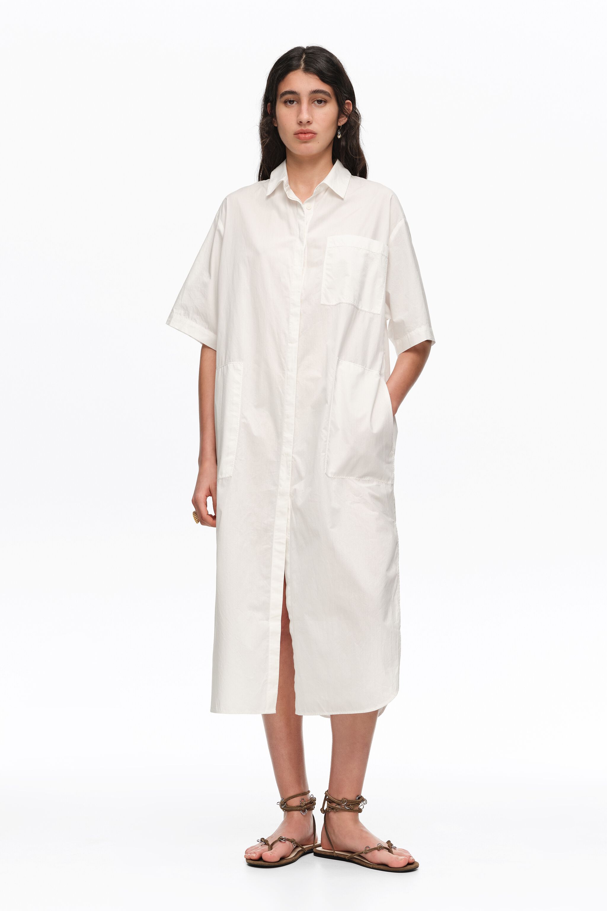 White cotton embroidered shirt dress