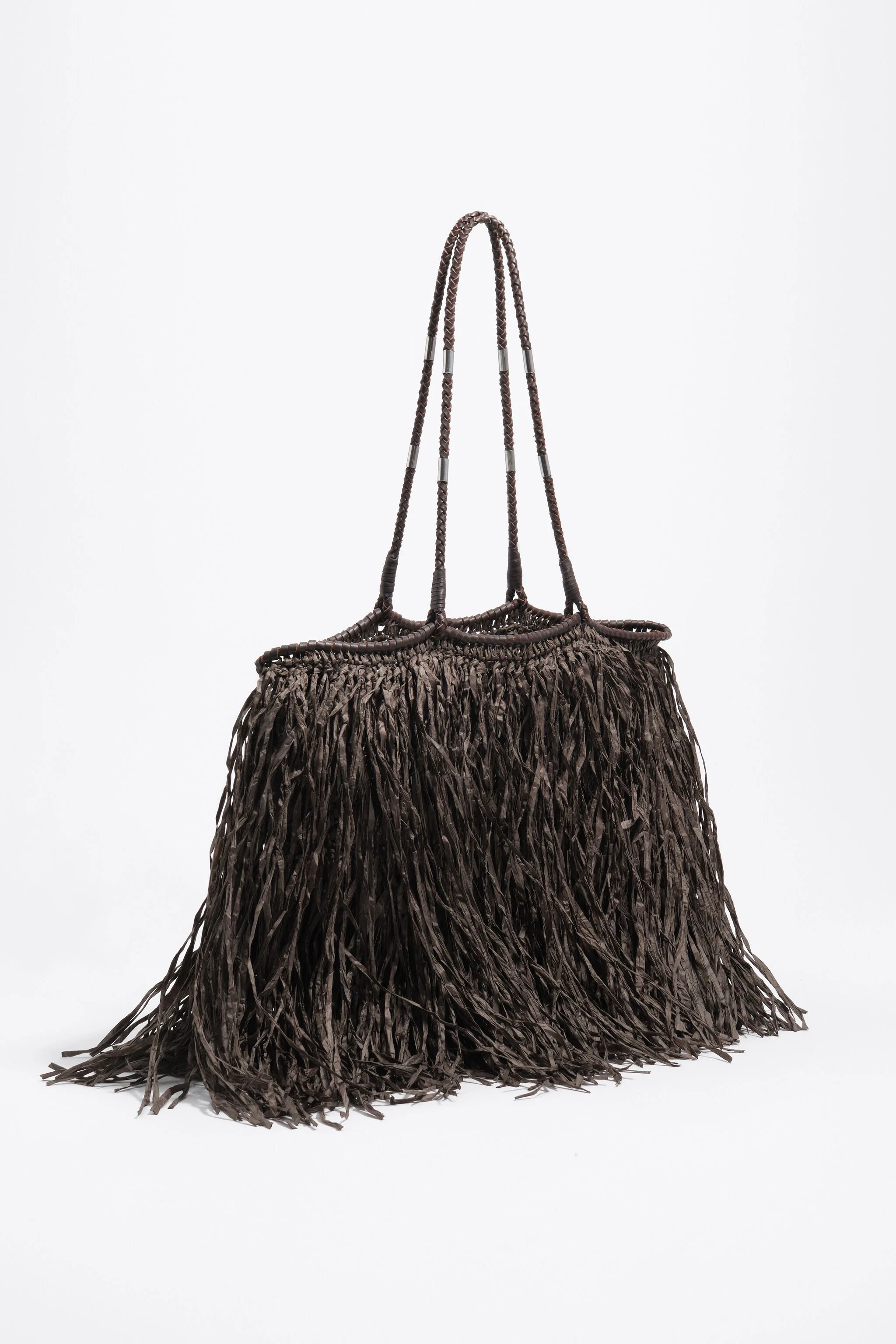 Large chocolate raffia-effect shopper bag