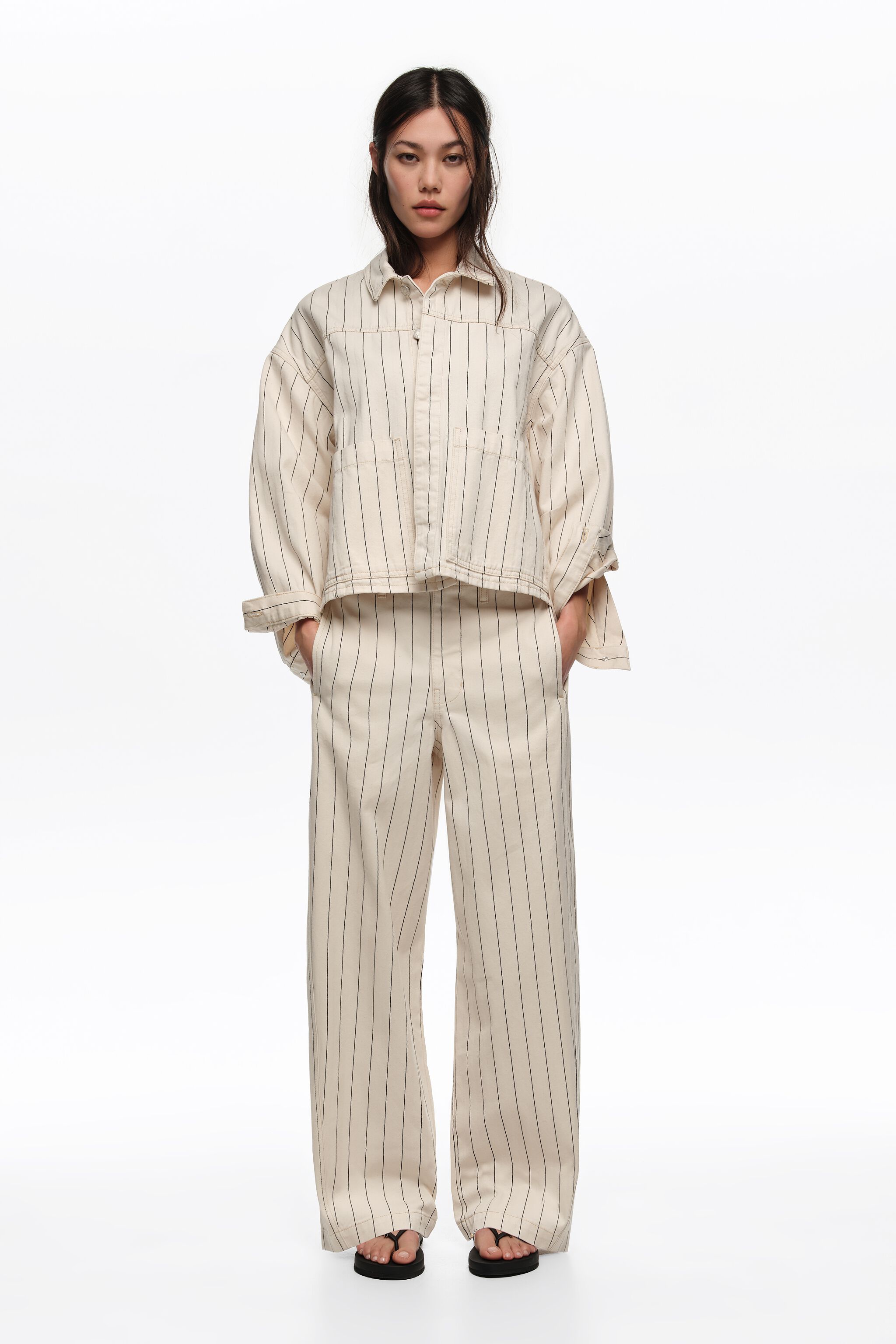 Off-white striped A-line denim jacket