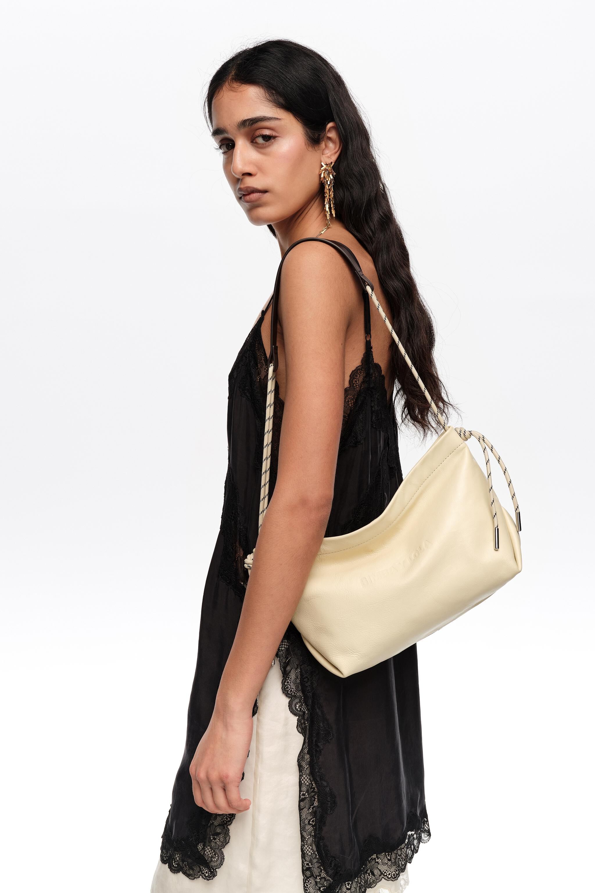 Medium pale yellow leather shoulder bag