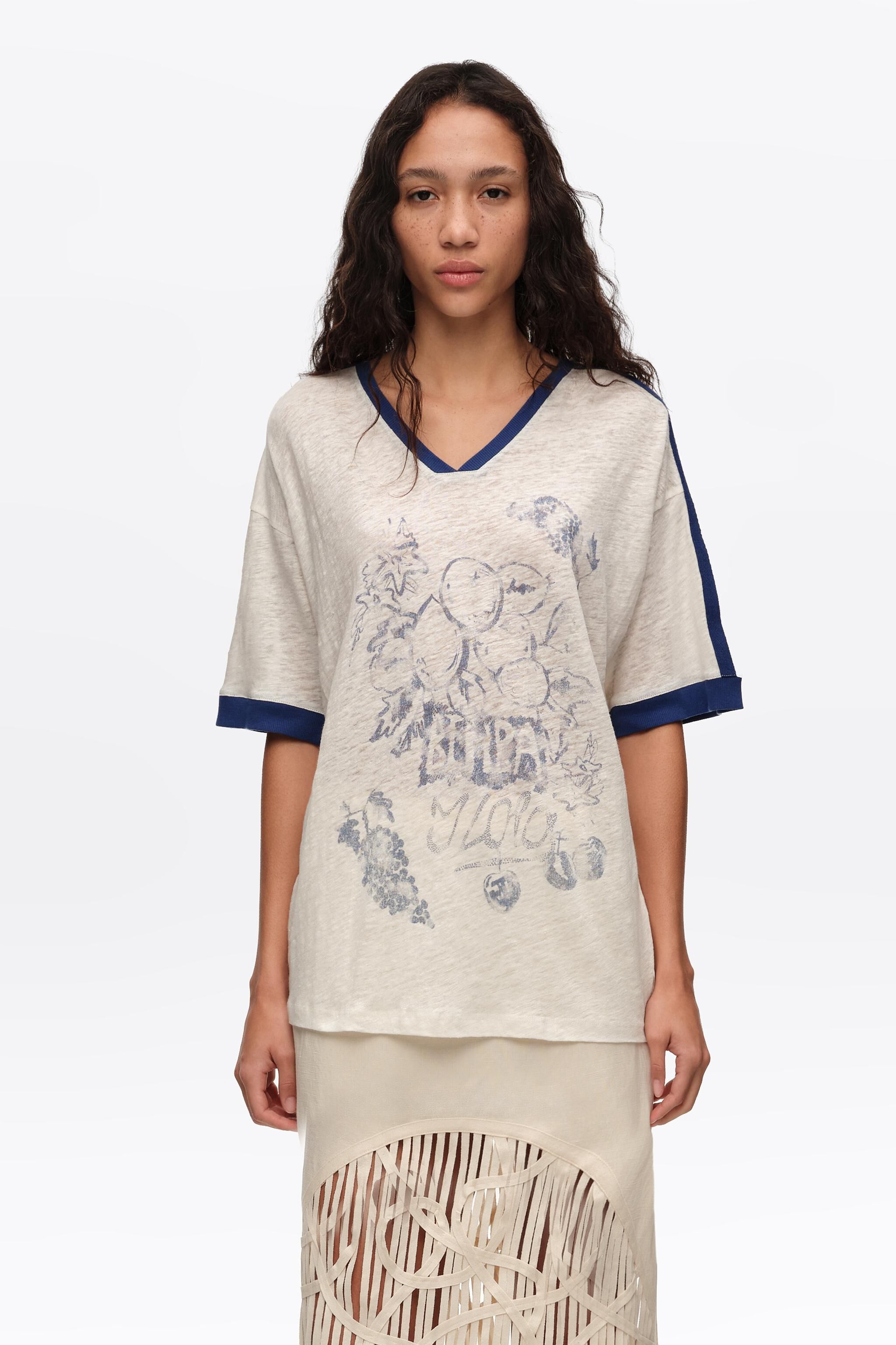 Faded ivory linen fruit logo T-shirt