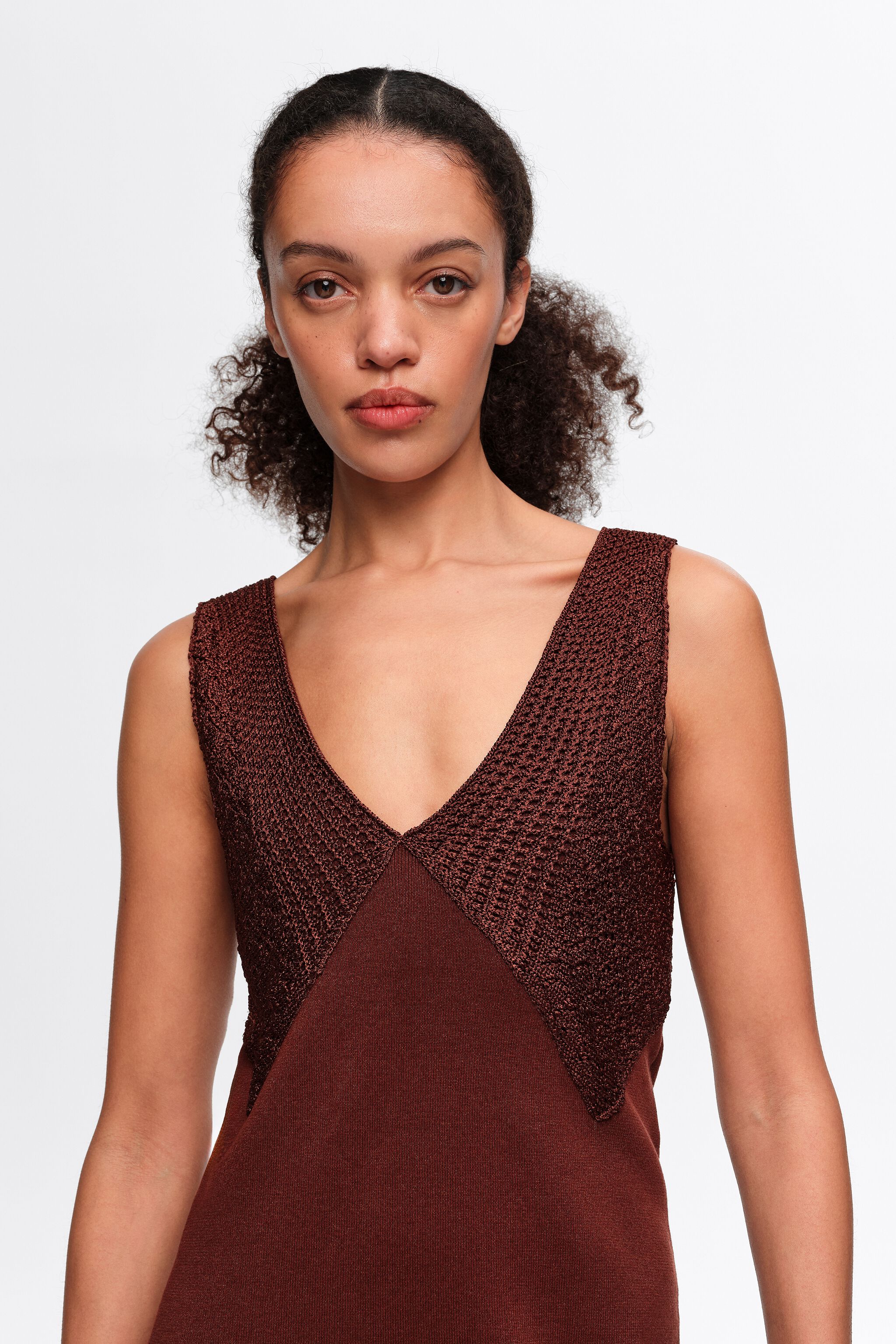 Brown two-material A-line knit dress