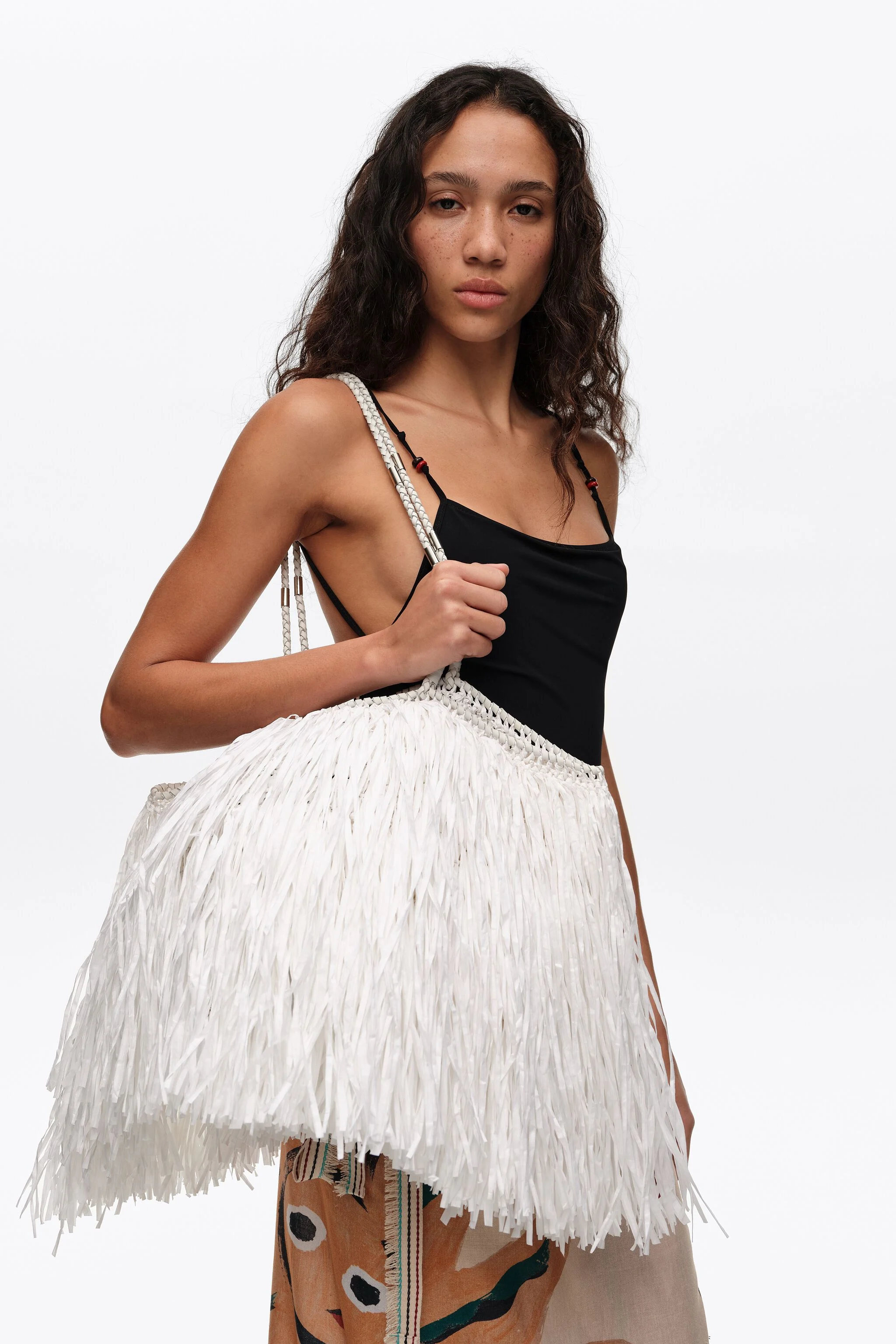 Large white raffia-effect shopper bag