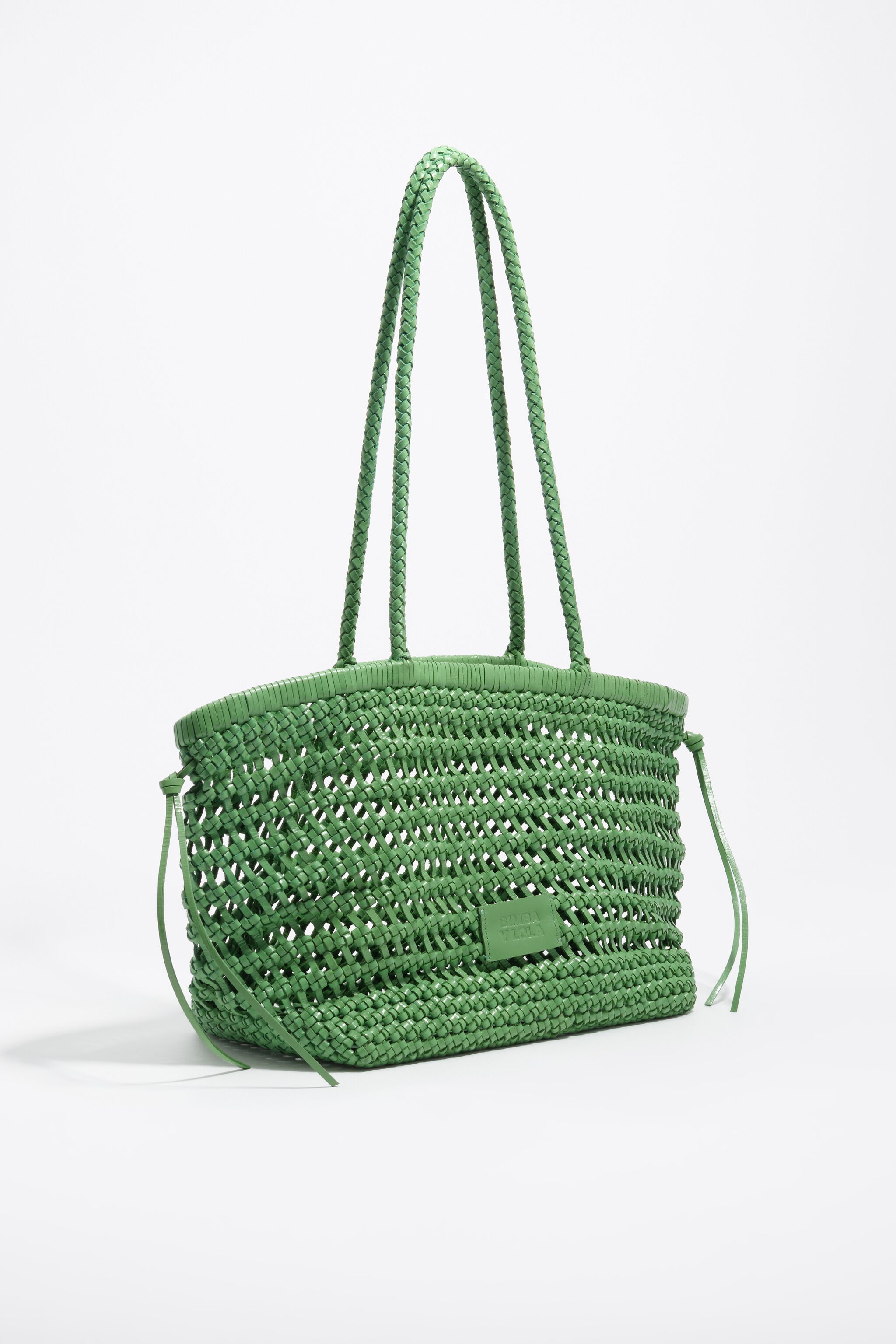 Large emerald plaited leather shopper bag