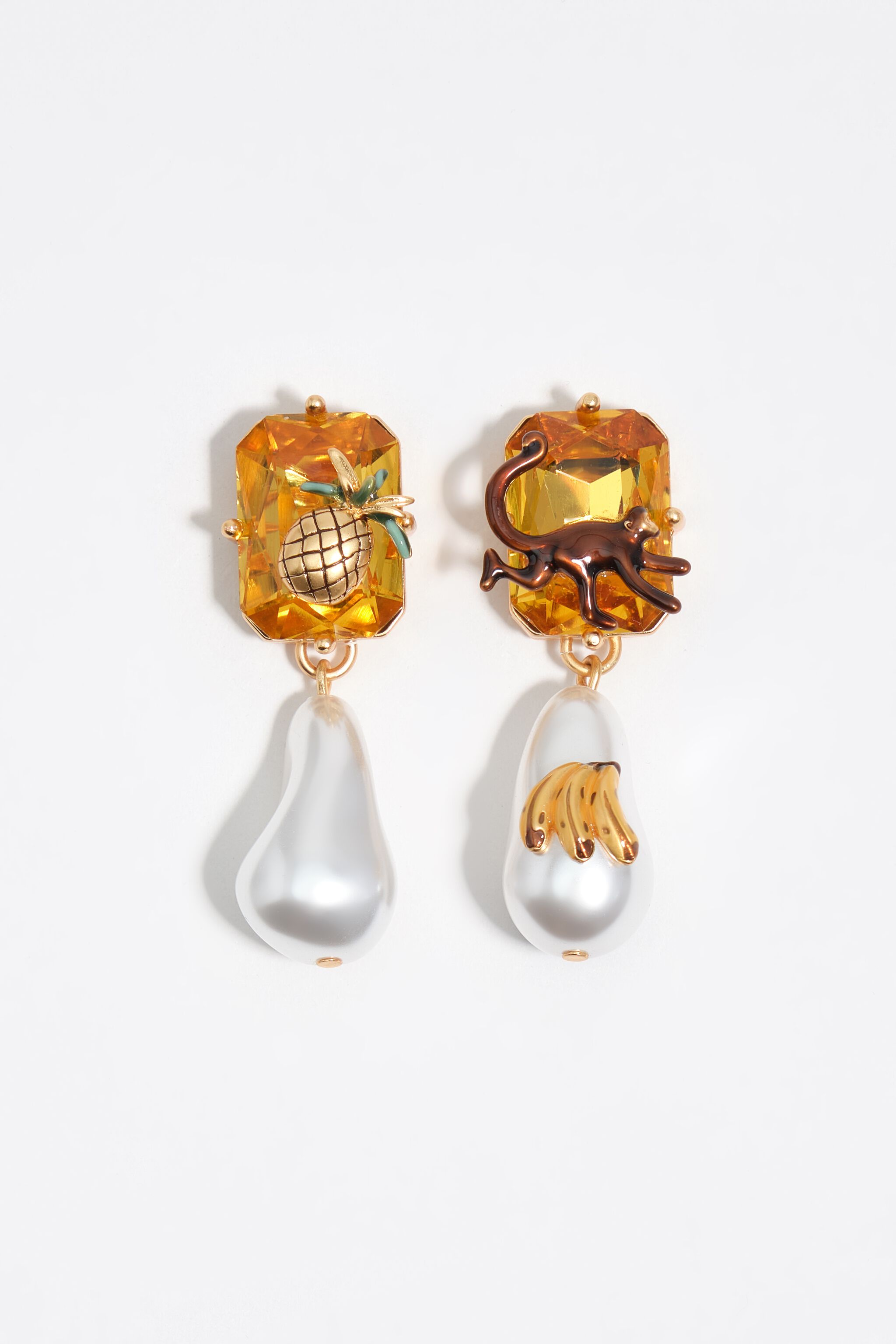 Crystal topaz and pearl earrings with monkey, pineapple and banana