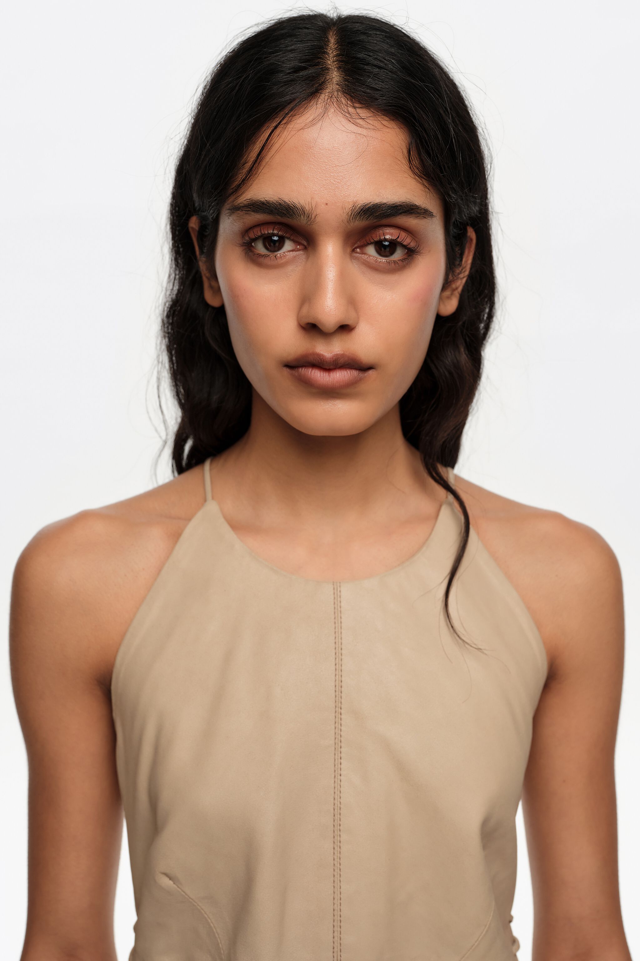Light stone leather mini dress