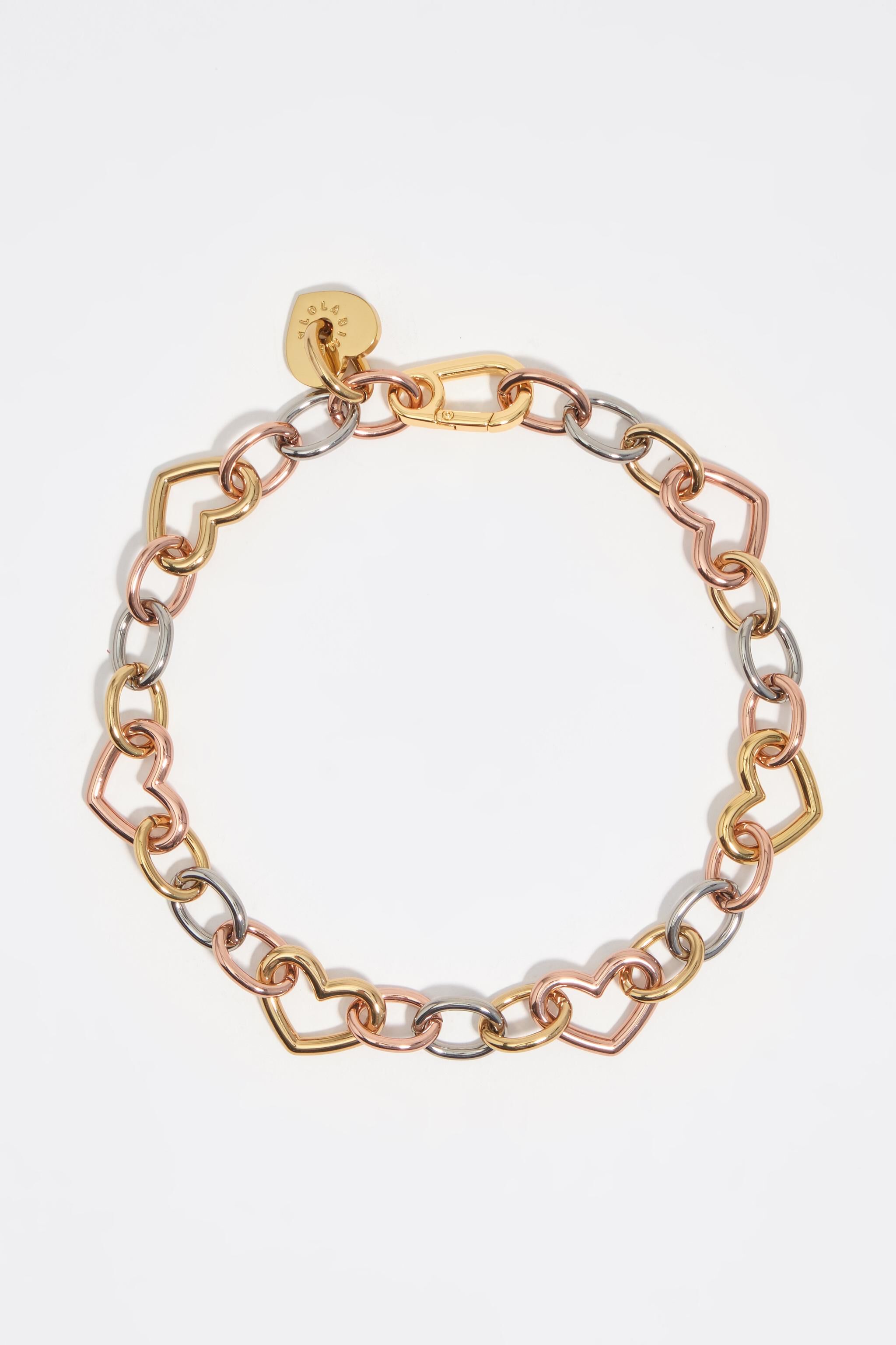Three-tone heart chain necklace