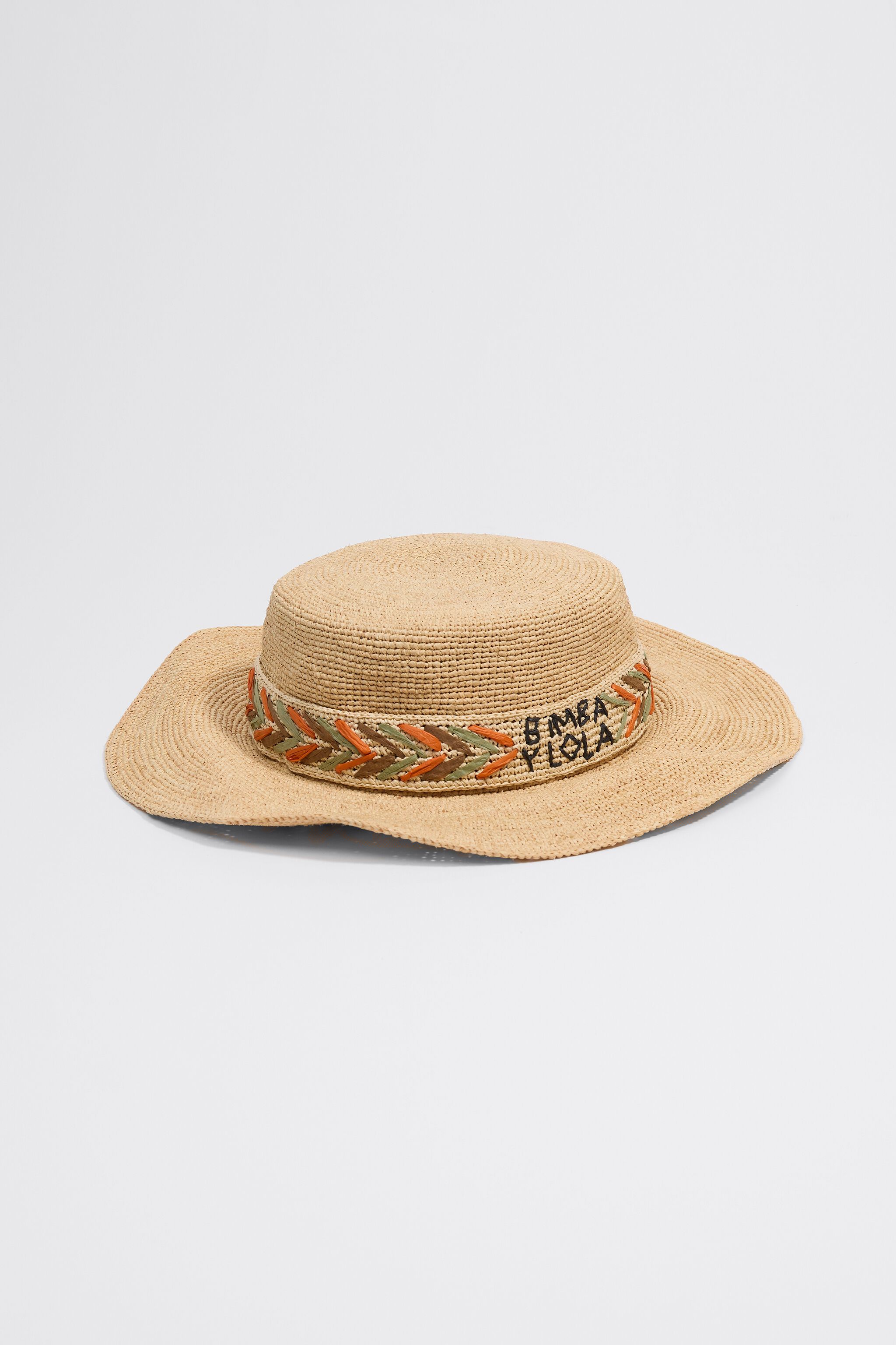 Raffia boater with multicolor embroidered band
