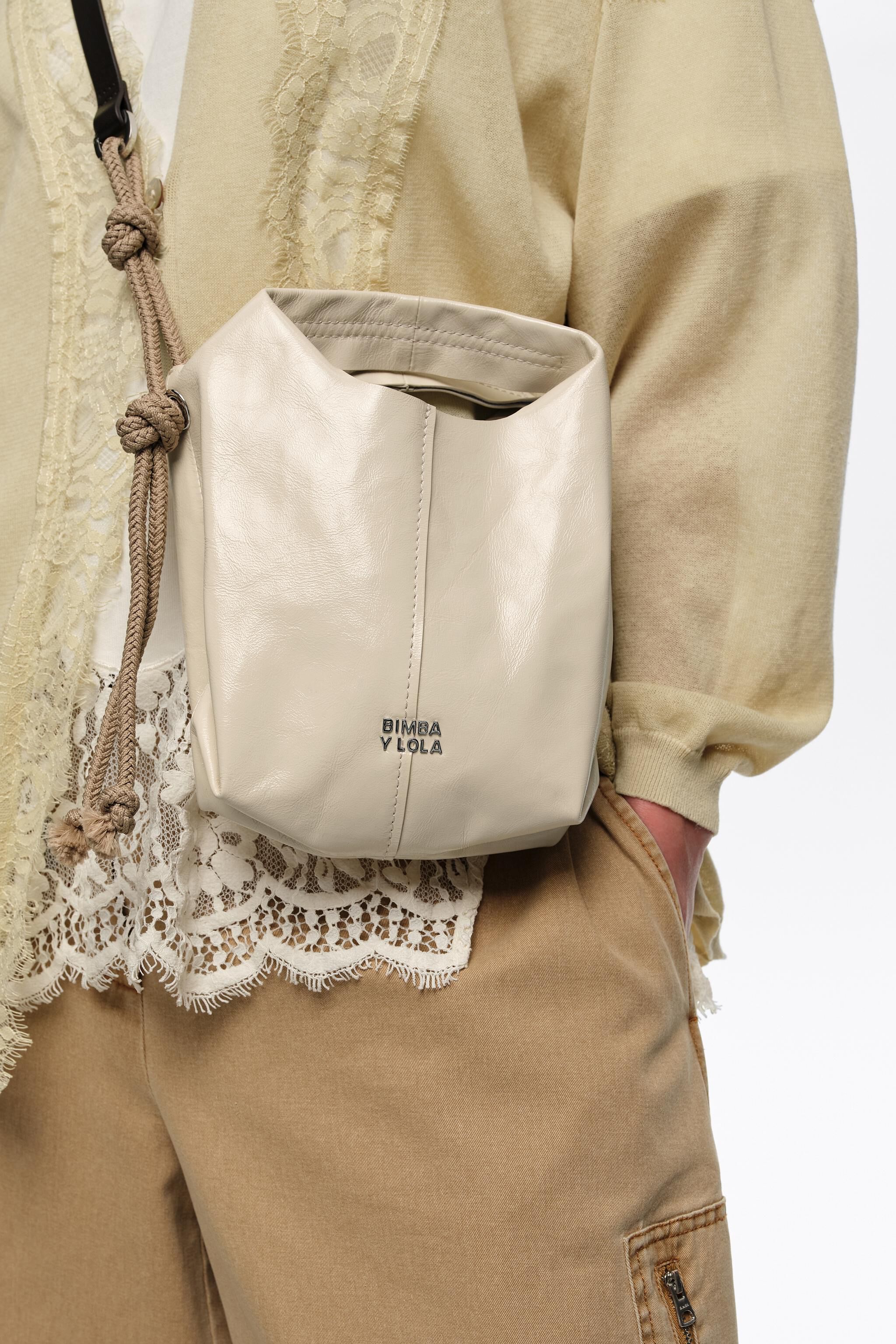 Cream shiny leather mini Paper bag