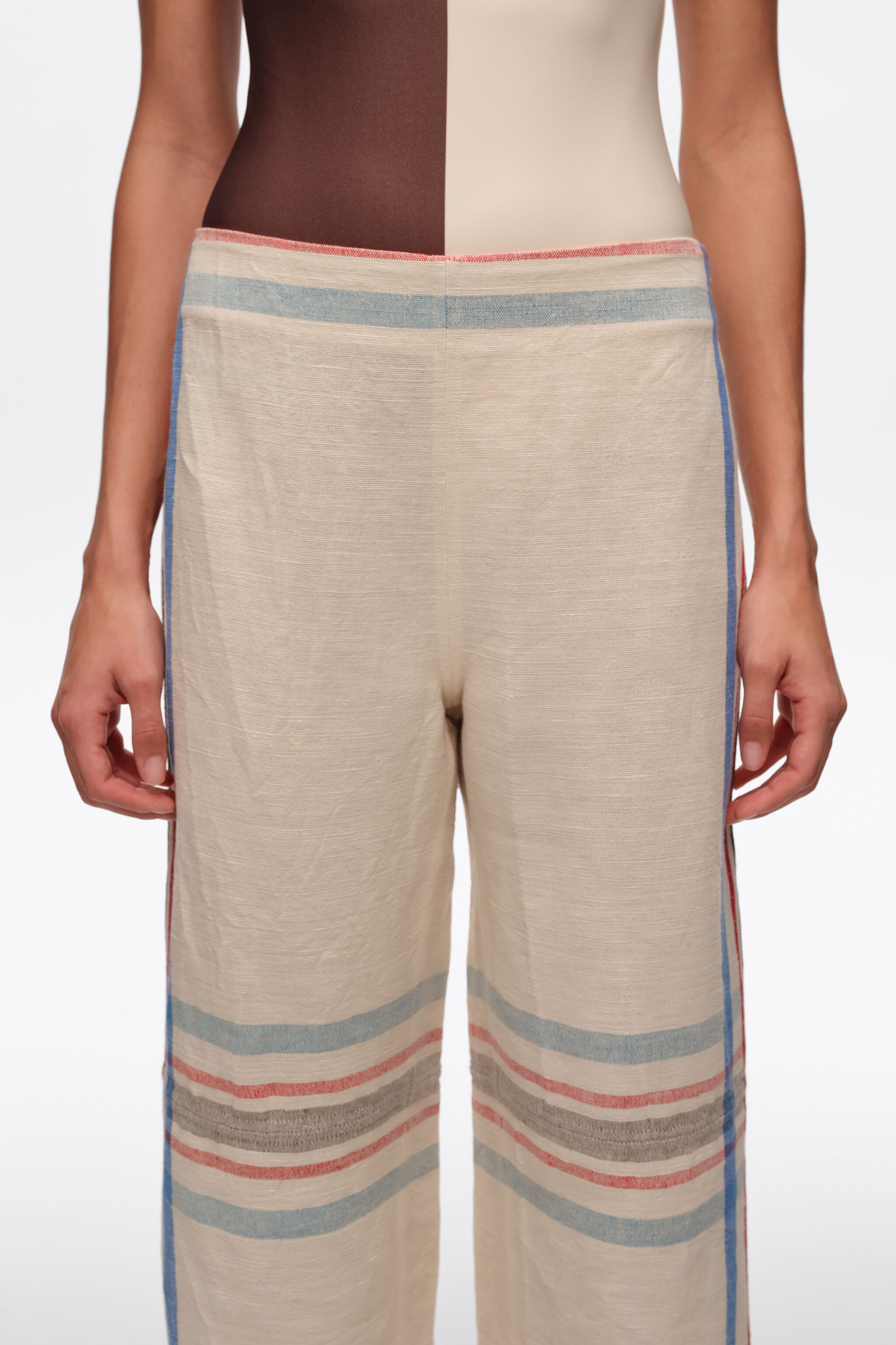 Ecru linen straight ankle length striped trousers