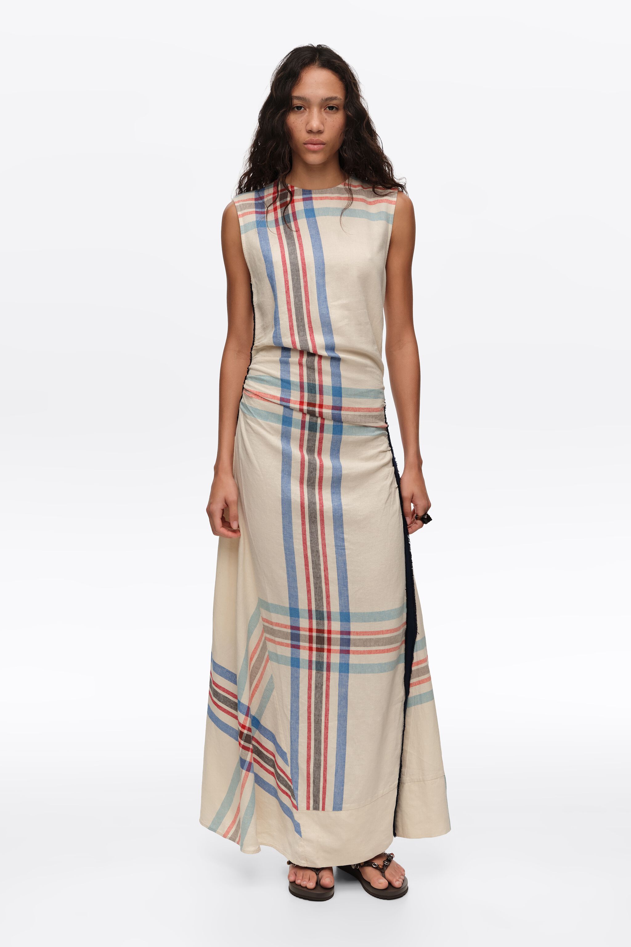 Ivory linen striped sleeveless dress with overlay strap