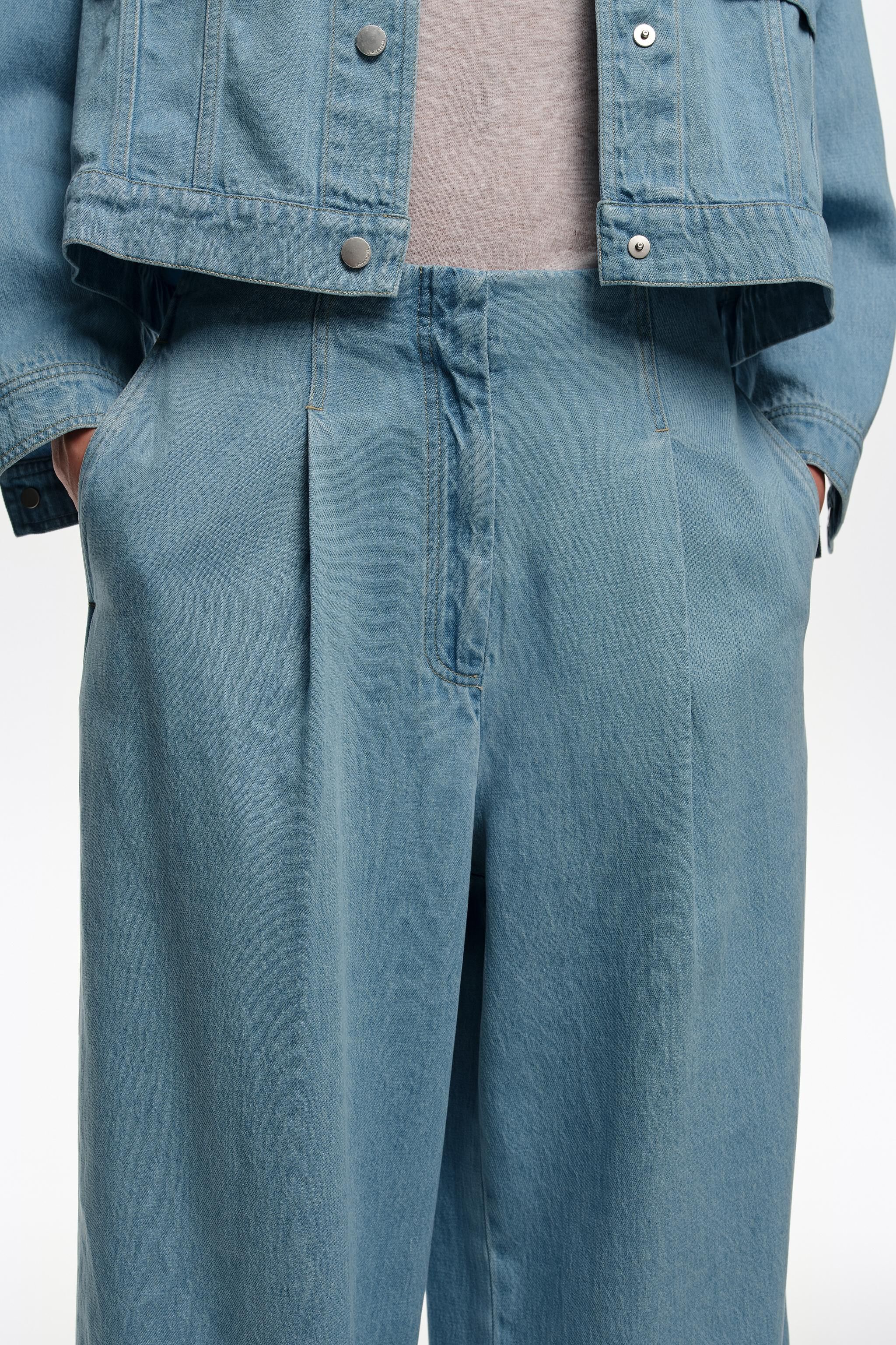 Light blue fluid denim straight-leg trousers with pleats